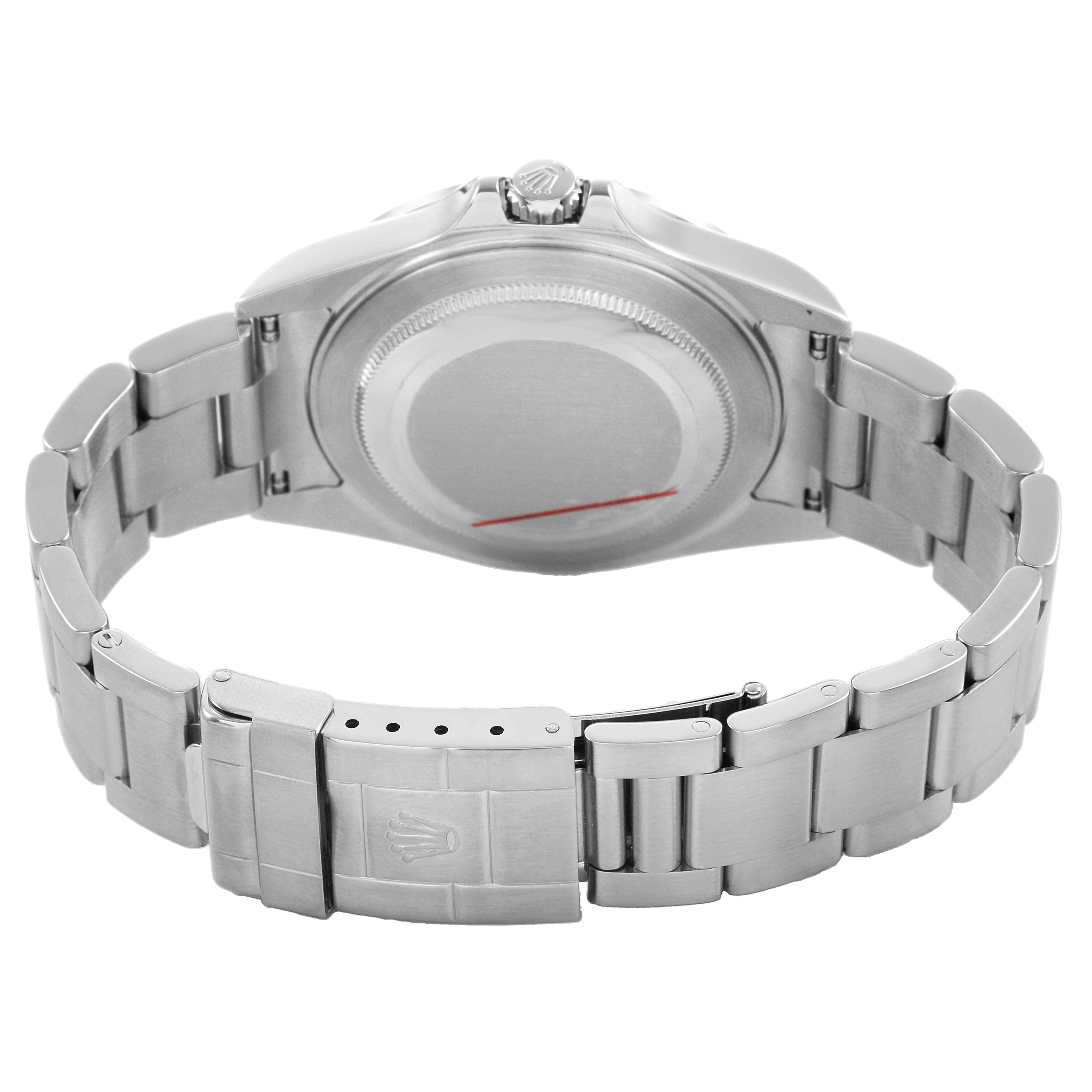 The image shows the back view of a Rolex Explorer 16570 T Men's Stainless Steel Black Dial watch, highlighting its bracelet and caseback.