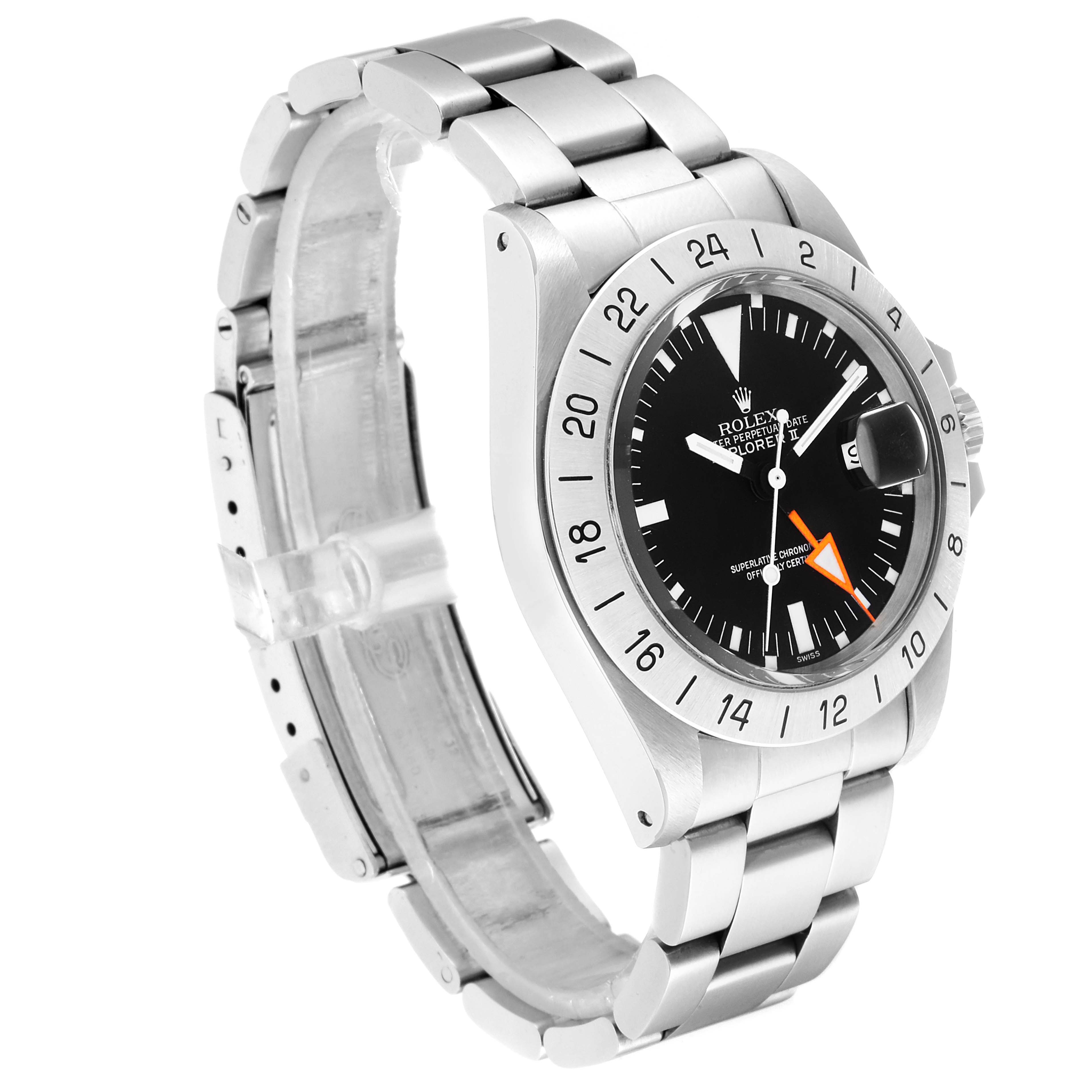 The image shows a side angle of a Rolex Explorer 1655 Men's Stainless Steel Black Dial 1655 Men's Stainless Steel Black Dial watch, highlighting its bracelet, bezel, dial, and crown.