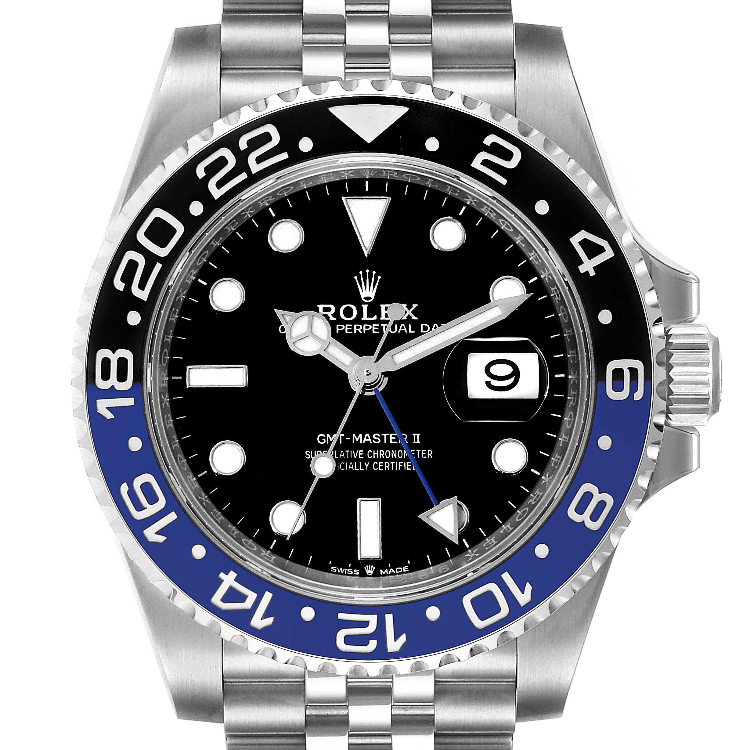 The Rolex GMT-Master 126710 Men
s Stainless Steel Black Dial 126710 Men
s Stainless Steel Black Dial II watch is shown from a front angle, displaying the bezel, dial, hands, and part of the bracelet.