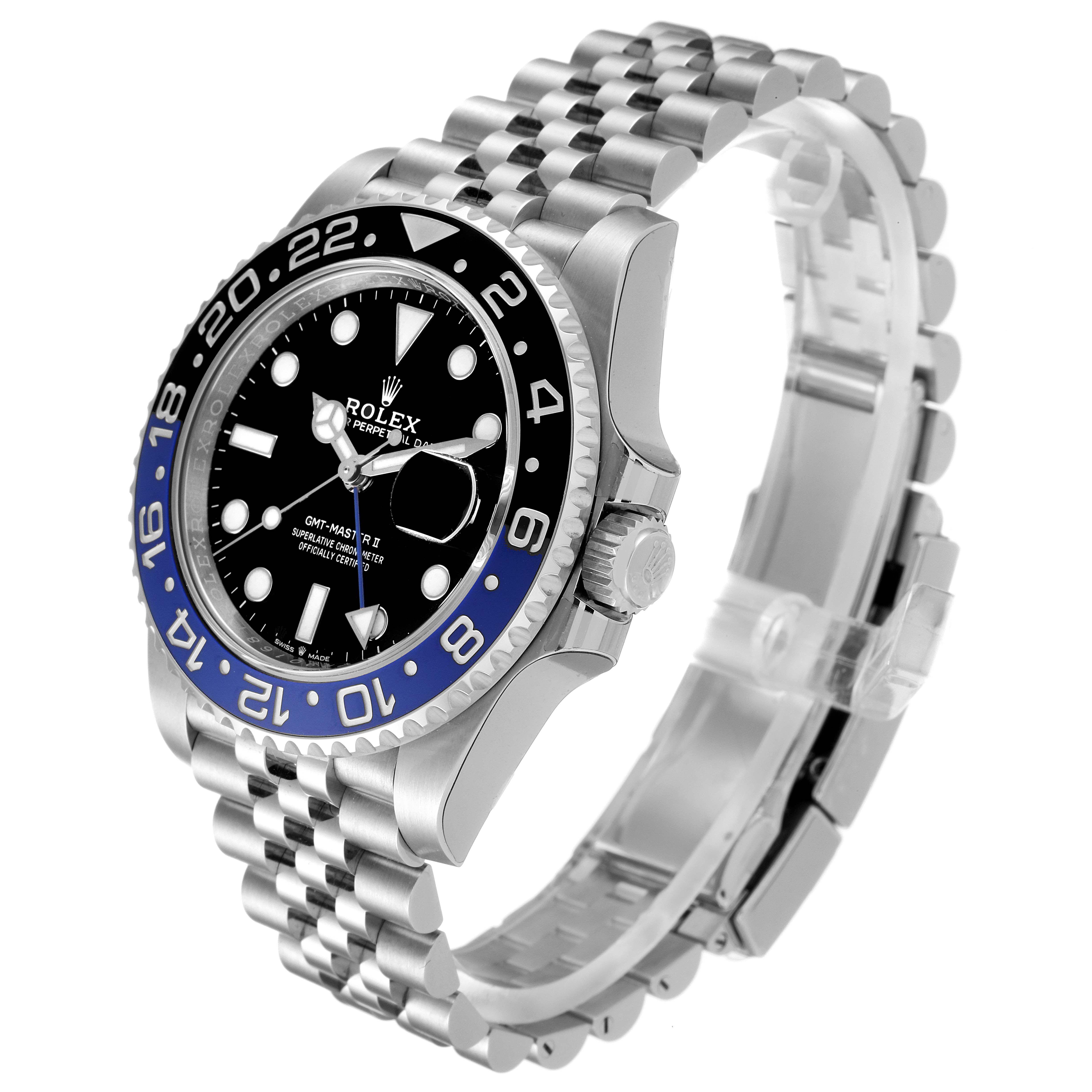 The Rolex GMT-Master 126710 Men
s Stainless Steel Black Dial 126710 Men
s Stainless Steel Black Dial watch is shown at an angled view, highlighting the dial, bezel, crown, and Jubilee bracelet.
