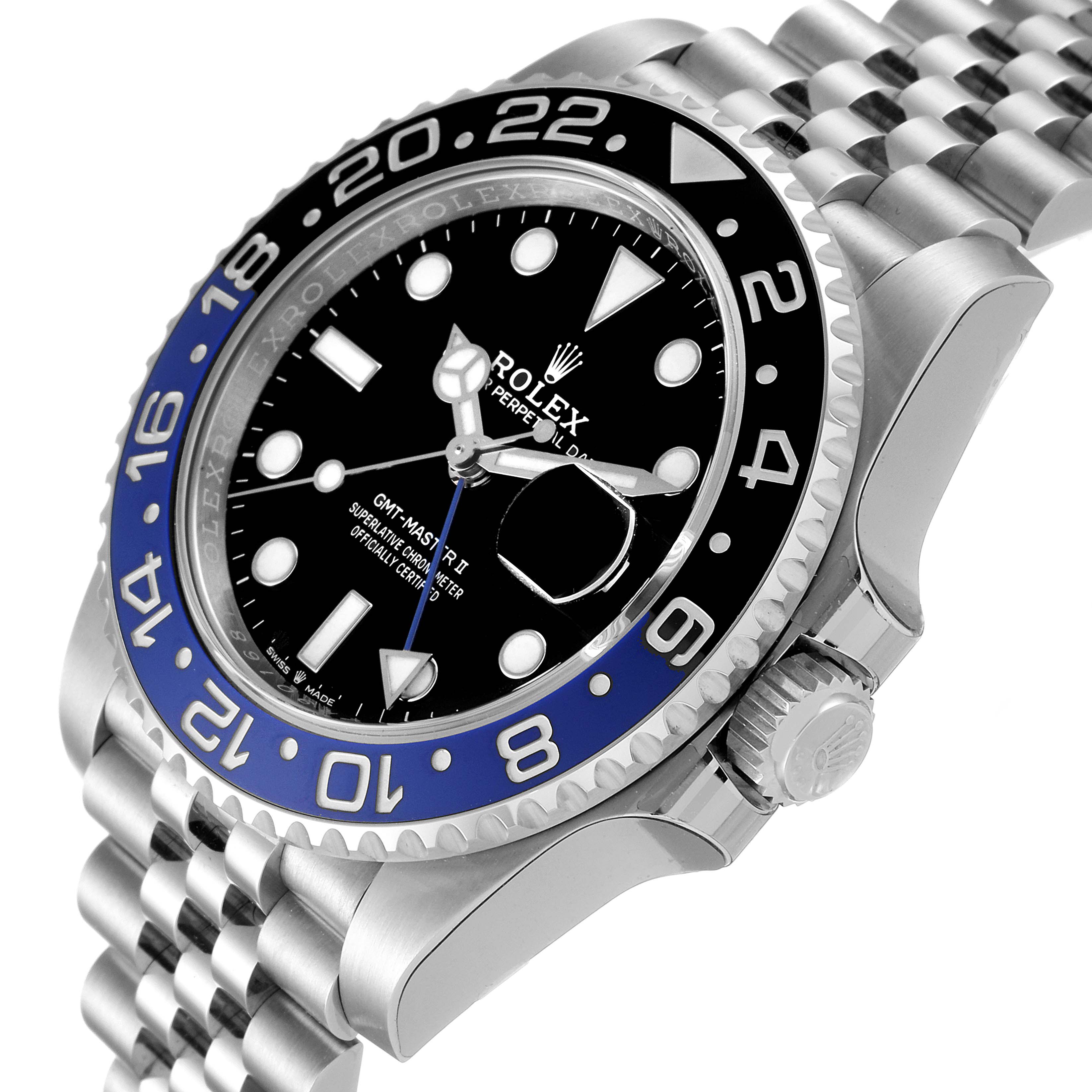 The image shows the Rolex GMT-Master 126710 Men
s Stainless Steel Black Dial 126710 Men
s Stainless Steel Black Dial II watch at an angle highlighting the face, bezel, crown, and part of the bracelet.
