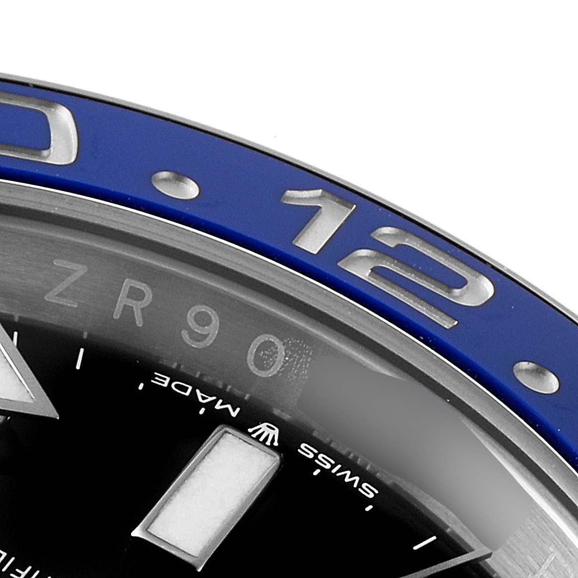 The image shows a close-up angle of the bezel, part of the dial, and hour marker of the Rolex GMT-Master 126710 Men
s Stainless Steel Black Dial 126710 Men
s Stainless Steel Black Dial watch.