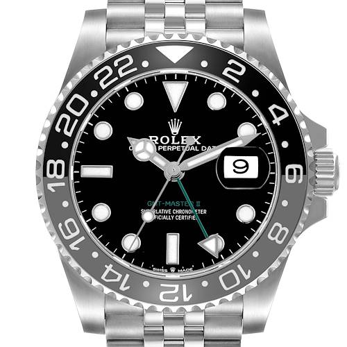 The Rolex GMT-Master II watch is shown from a frontal view, highlighting the bezel, dial, and bracelet.
