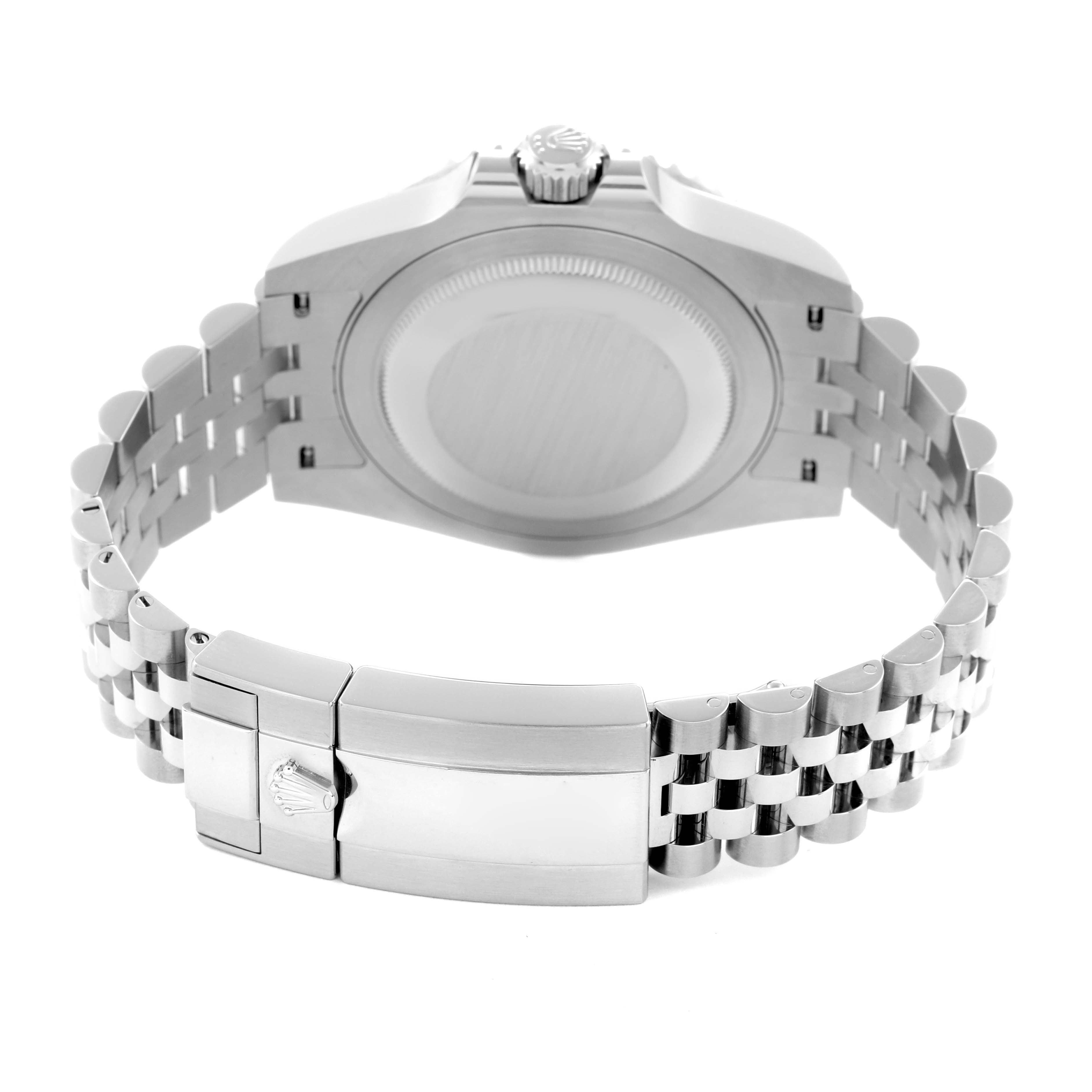 The image shows a Rolex GMT-Master 126710 Men
s Stainless Steel Black Dial 126710 Men
s Stainless Steel Black Dial watch viewed from the back, highlighting the case back, crown, and bracelet clasp.