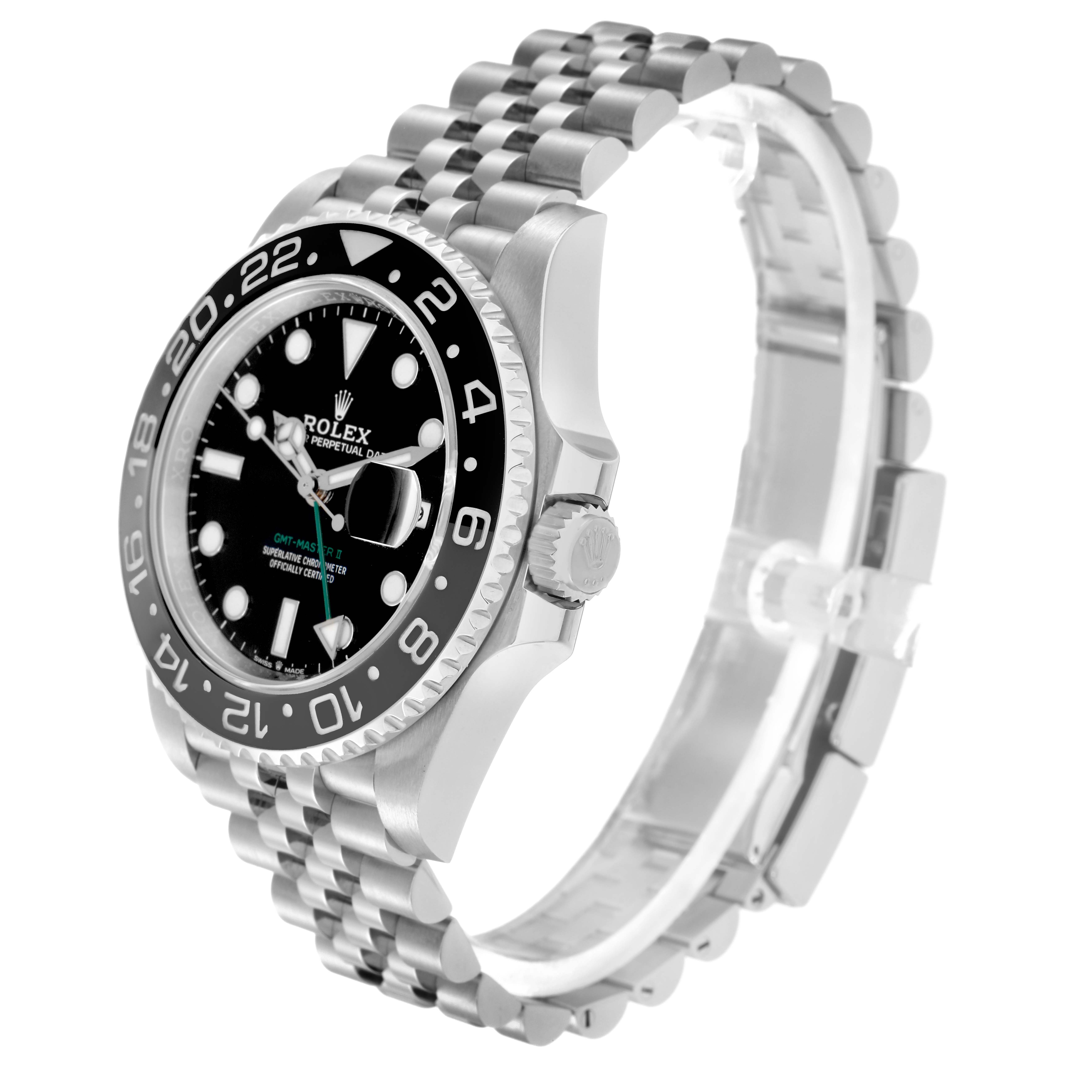The Rolex GMT-Master 126710 Men
s Stainless Steel Black Dial 126710 Men
s Stainless Steel Black Dial watch is shown at a 3/4 angle, highlighting the bezel, crown, dial, and Jubilee bracelet.