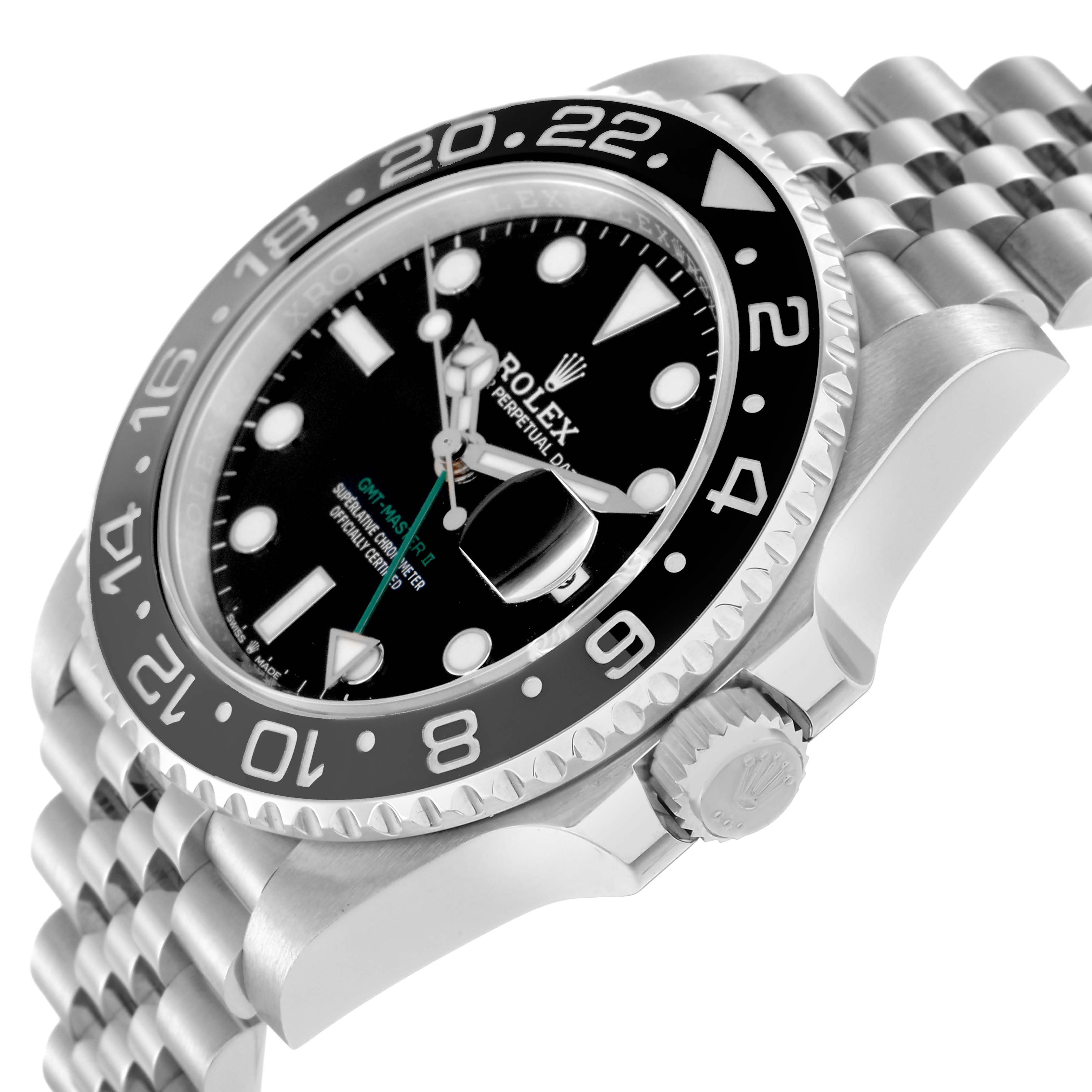 The Rolex GMT-Master 126710 Men
s Stainless Steel Black Dial 126710 Men
s Stainless Steel Black Dial watch is shown at an angled side view, highlighting the bezel, crown, and Jubilee bracelet.