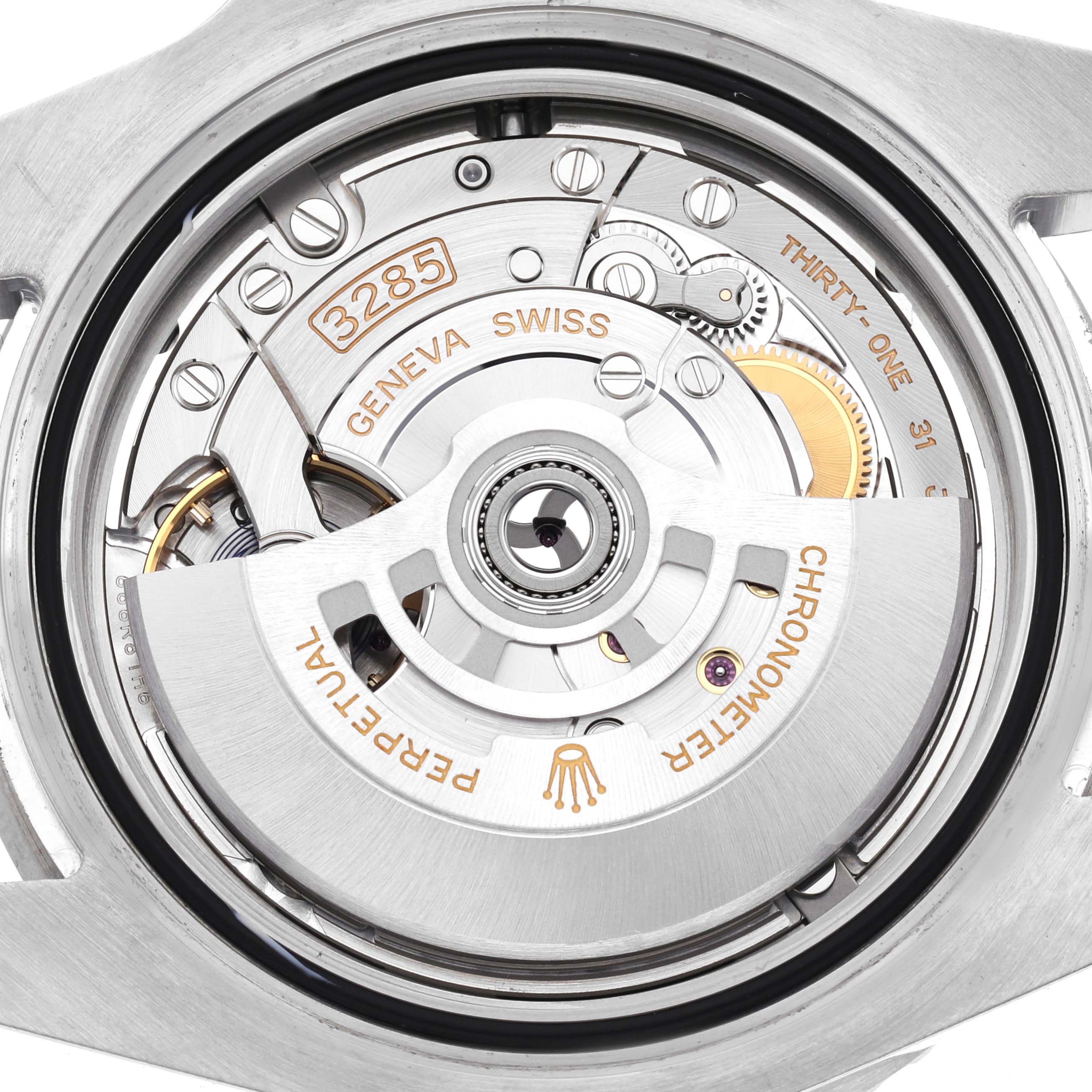 The image shows a close-up of the movement of a Rolex GMT-Master 126710 Men
s Stainless Steel Black Dial 126710 Men
s Stainless Steel Black Dial, displaying its intricate mechanics and rotor.