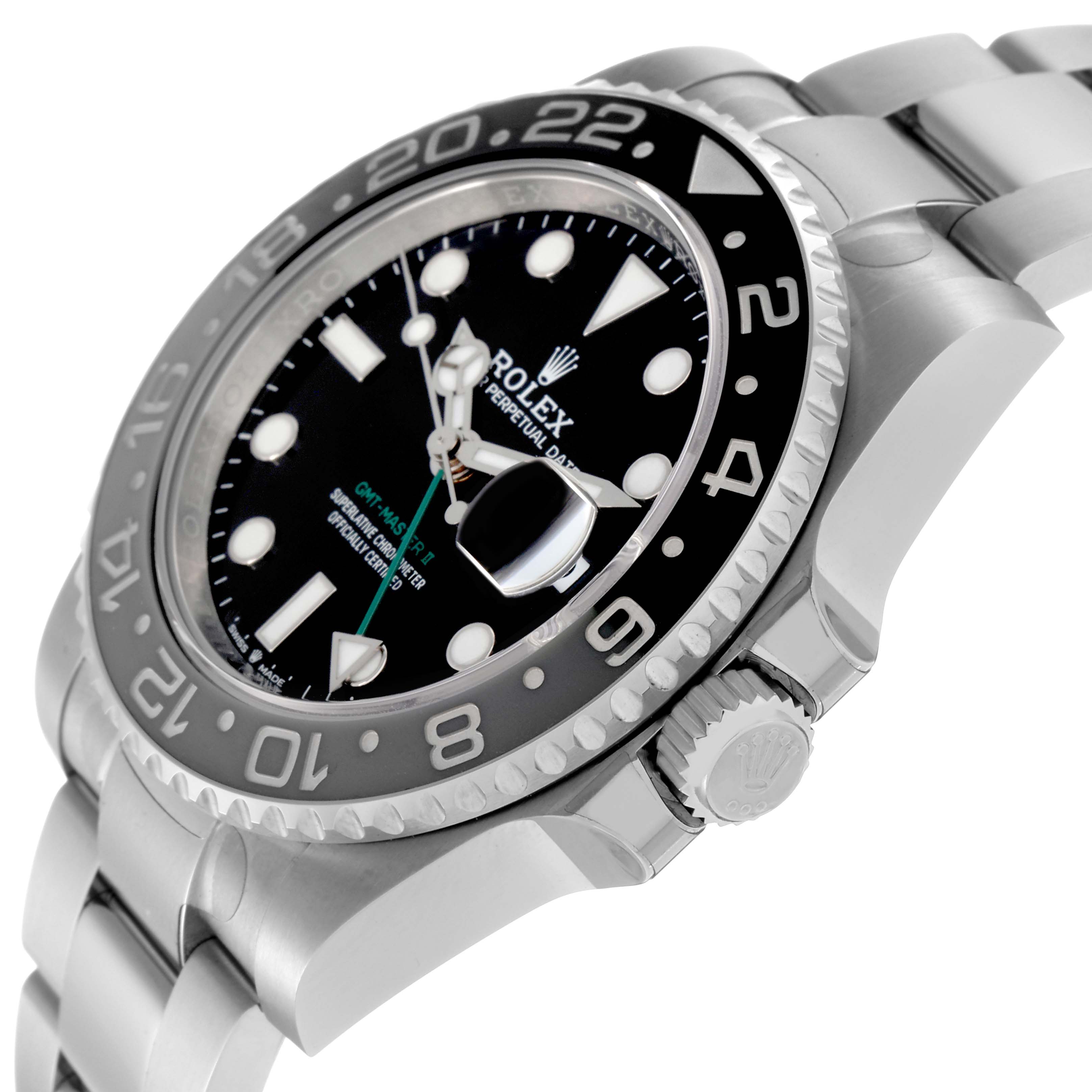 The image shows a side angle of a Rolex GMT-Master 126710 Men
s Stainless Steel Black Dial 126710 Men
s Stainless Steel Black Dial watch, highlighting the bezel, dial, crown, and part of the bracelet.