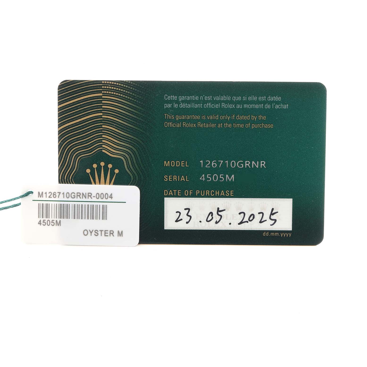 The image shows the warranty card and tag for a Rolex GMT-Master 126710 Men
s Stainless Steel Black Dial 126710 Men
s Stainless Steel Black Dial model, detailing the model and serial number.