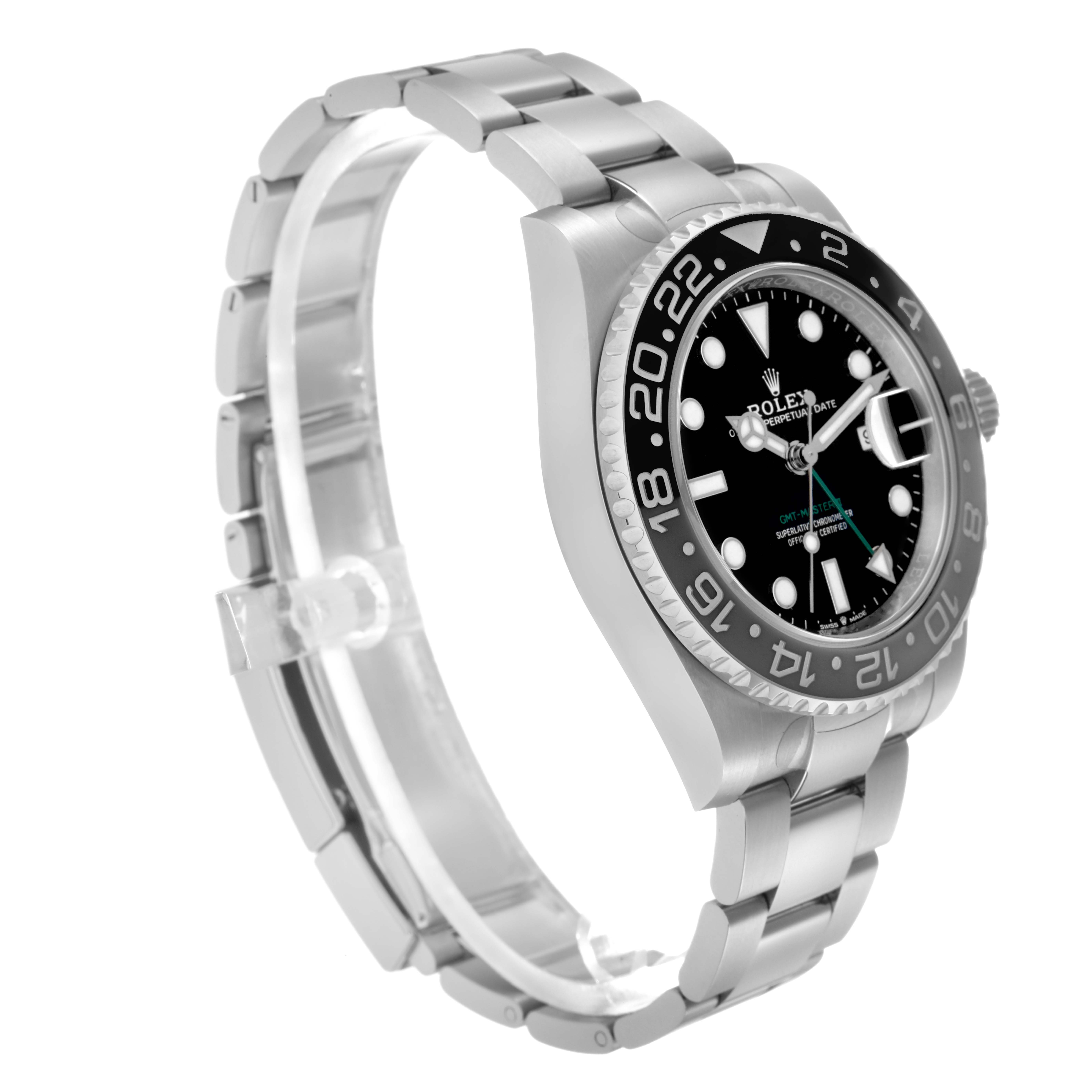 The Rolex GMT-Master 126710 Men
s Stainless Steel Black Dial 126710 Men
s Stainless Steel Black Dial watch is shown at a three-quarter angle, displaying the face, bezel, and bracelet.
