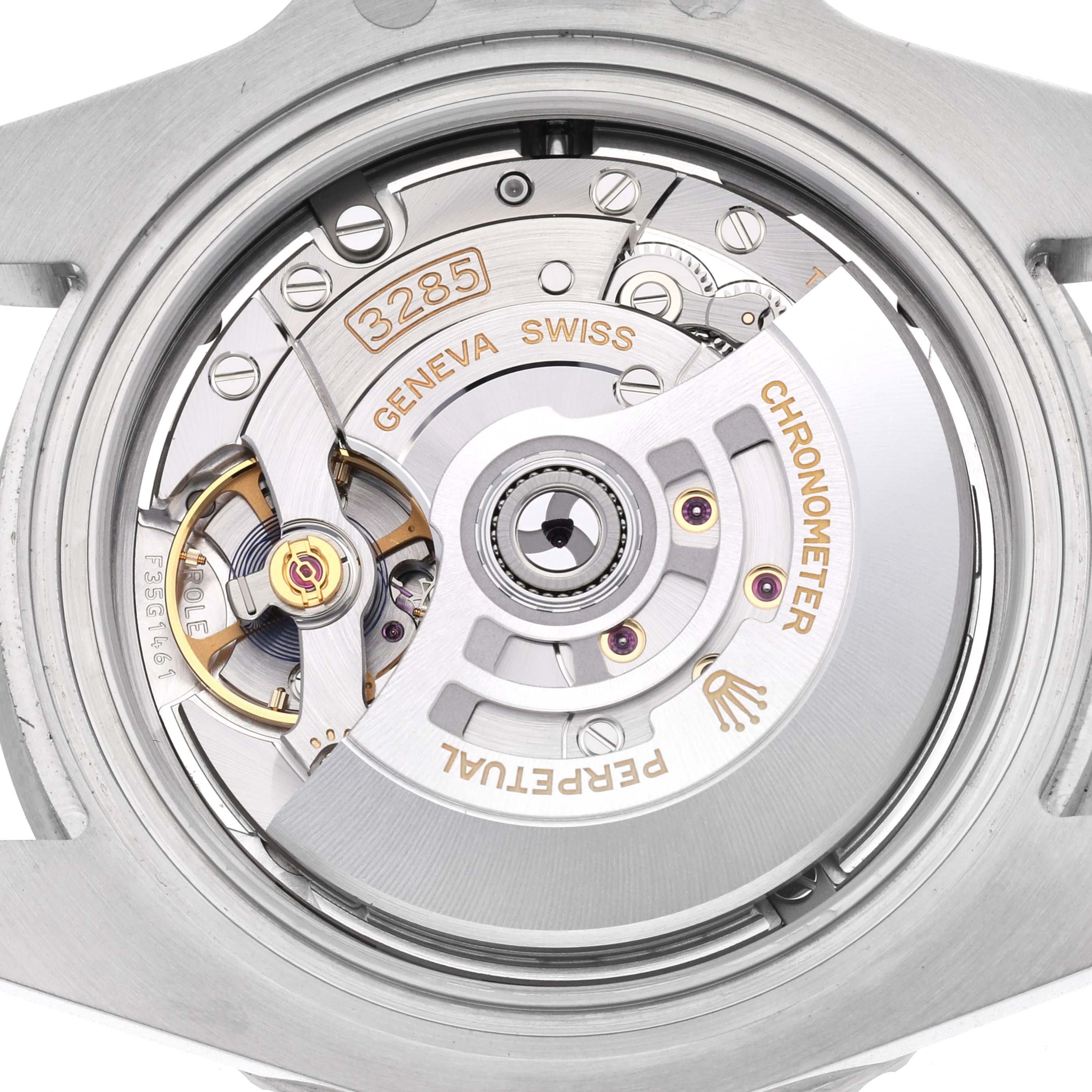 This image shows the intricate movement and rotor of a Rolex GMT-Master 126710 Men
s Stainless Steel Black Dial 126710 Men
s Stainless Steel Black Dial, viewed from the back.