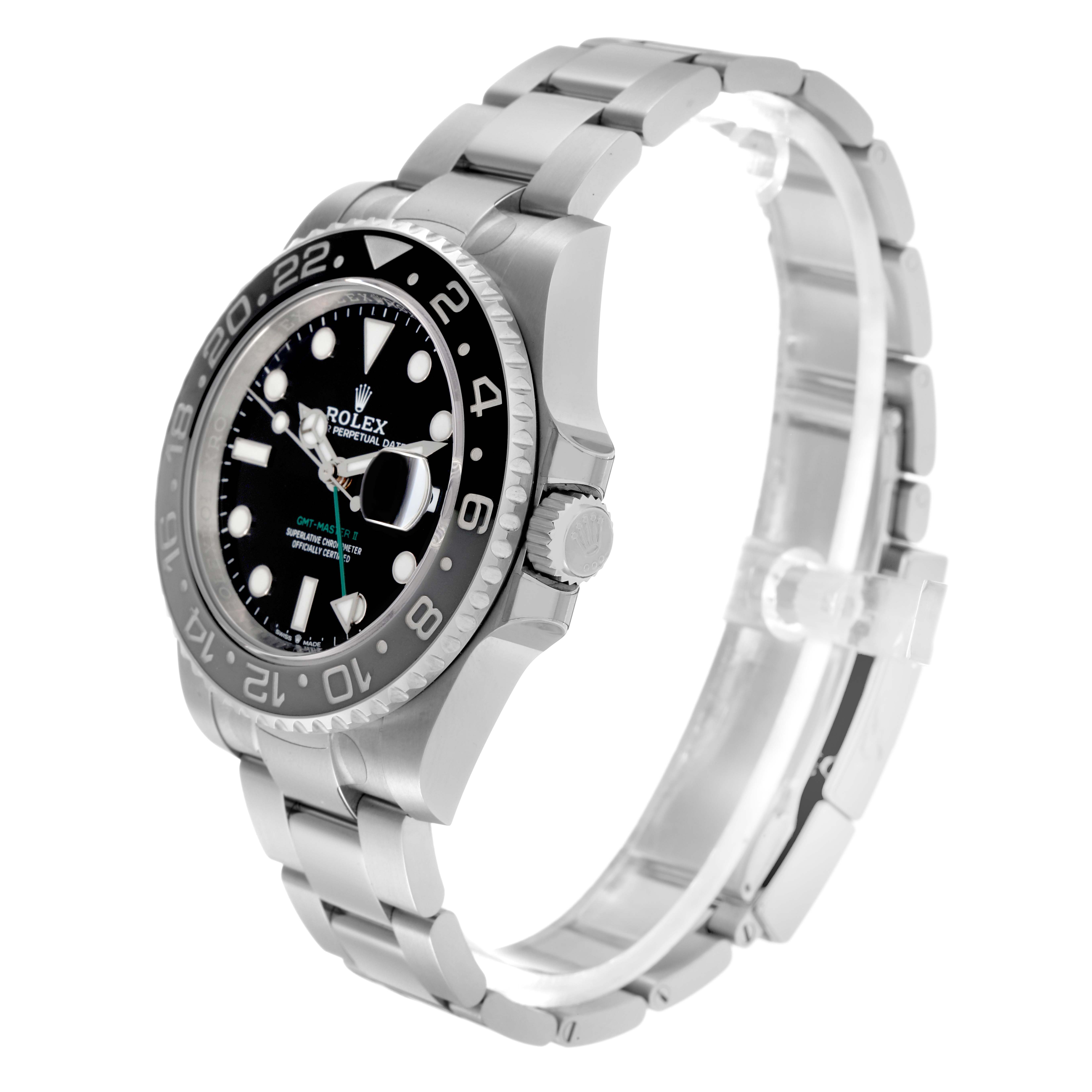 The Rolex GMT-Master 126710 Men
s Stainless Steel Black Dial 126710 Men
s Stainless Steel Black Dial watch is shown at a side angle, highlighting the bezel, crown, and bracelet.