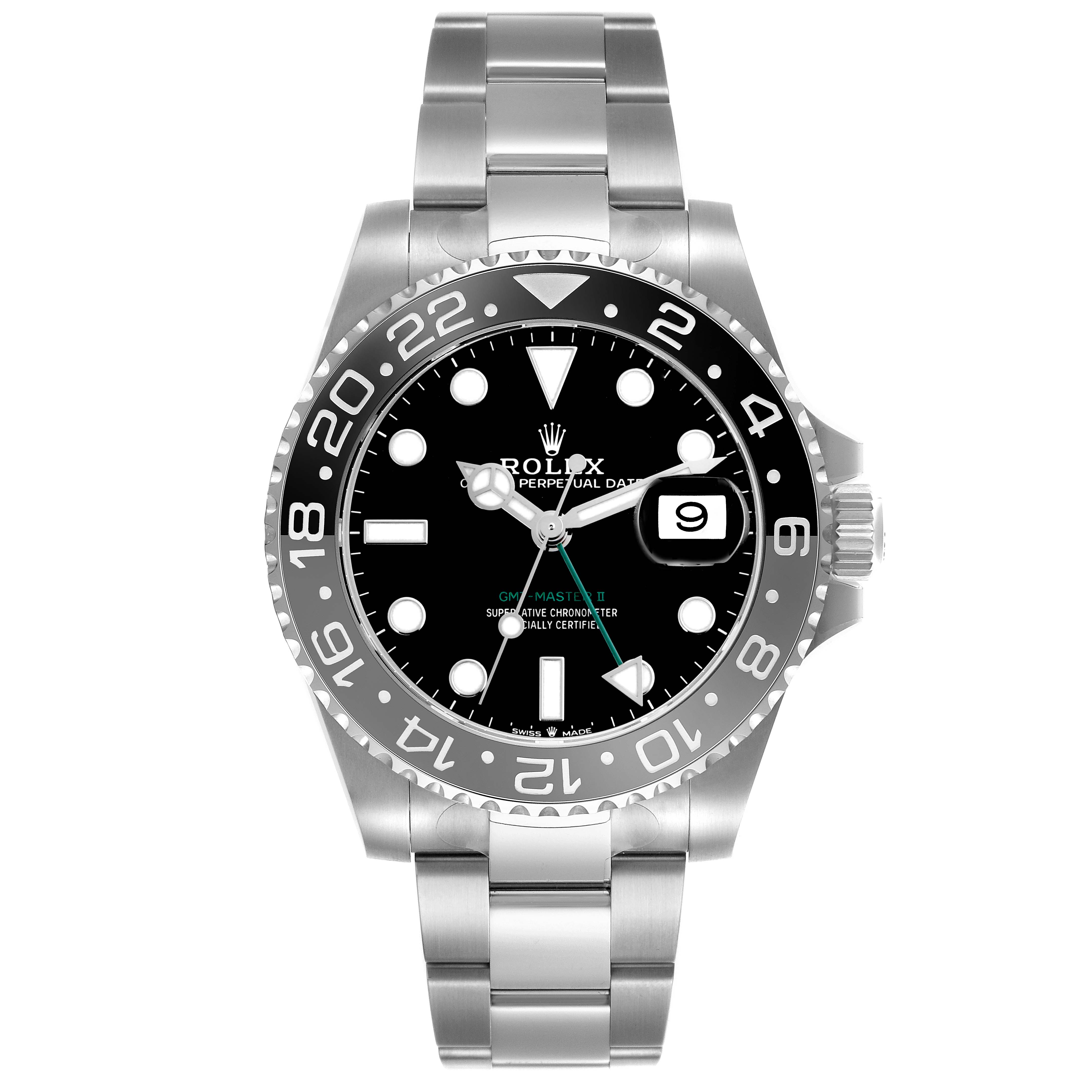 The Rolex GMT-Master 126710 Men
s Stainless Steel Black Dial 126710 Men
s Stainless Steel Black Dial watch is shown from the front, displaying the dial, bezel, and bracelet clearly.
