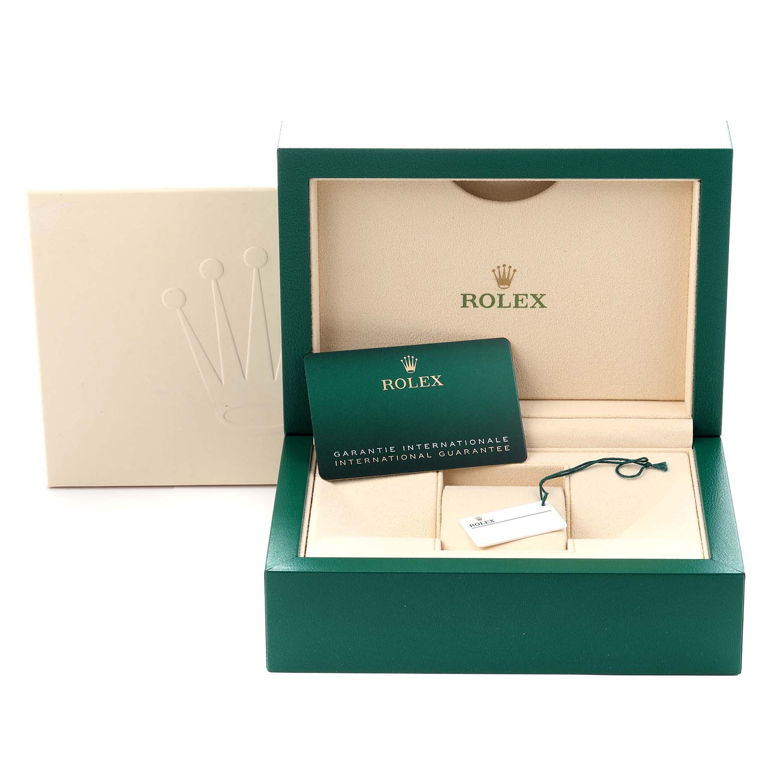 The image shows an open Rolex GMT-Master 126710 Men
s Stainless Steel Black Dial 126710 Men
s Stainless Steel Black Dial box with a warranty card and tag inside, viewed from the front.