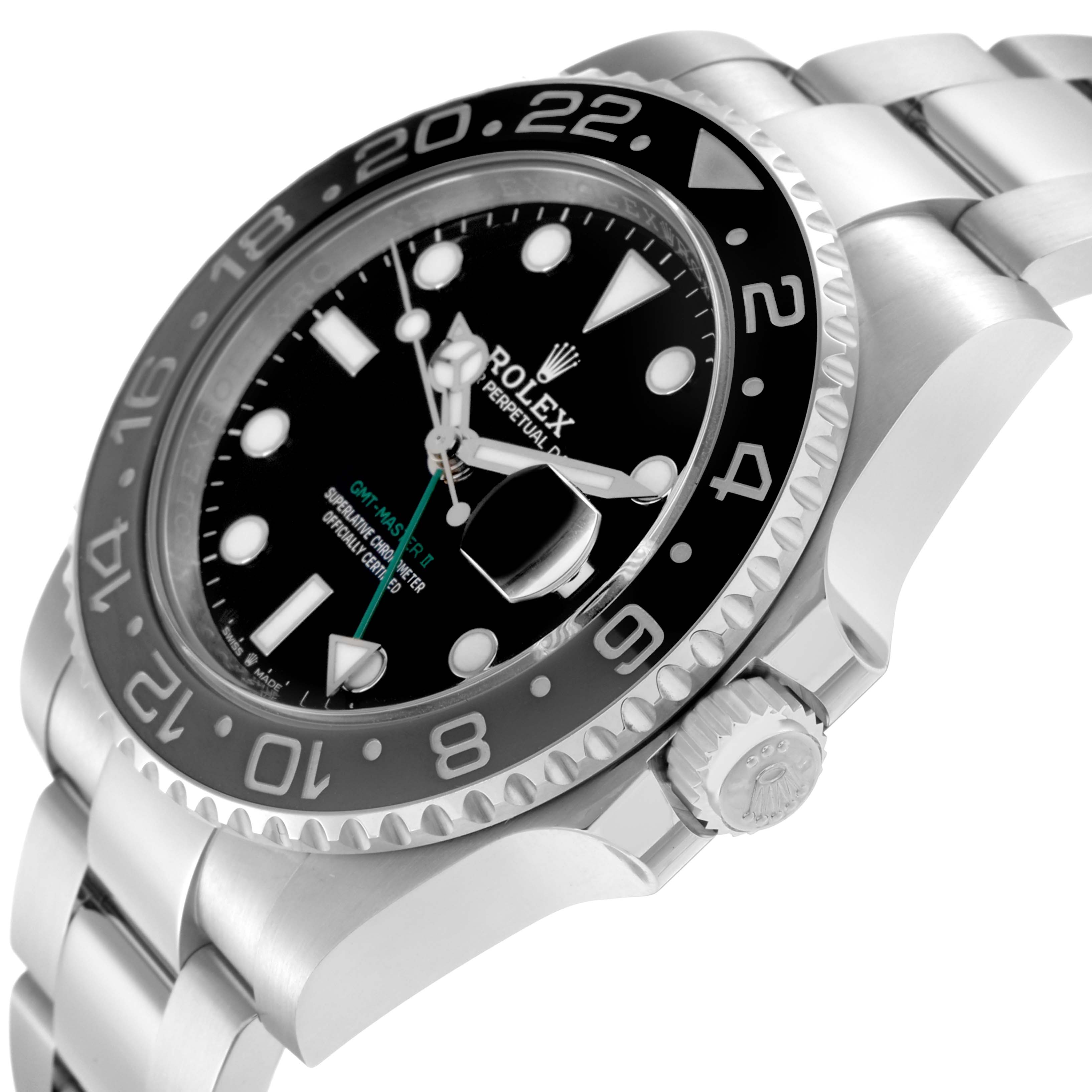 The Rolex GMT-Master 126710 Men
s Stainless Steel Black Dial 126710 Men
s Stainless Steel Black Dial watch is shown from a side angle, displaying the bezel, crown, and part of the bracelet.