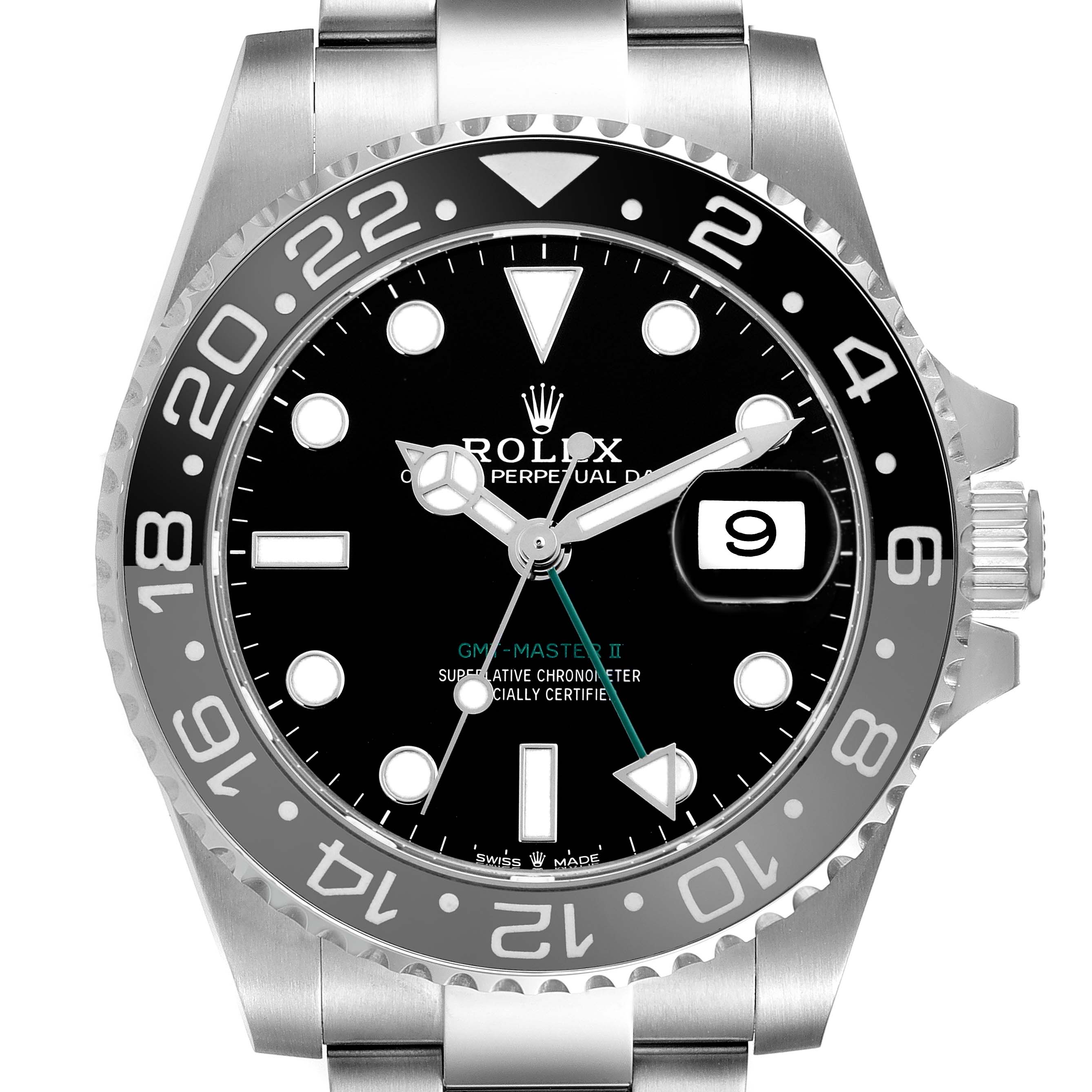 The Rolex GMT-Master 126710 Men
s Stainless Steel Black Dial 126710 Men
s Stainless Steel Black Dial watch is shown from a front angle, displaying its bezel, dial, and time markers.
