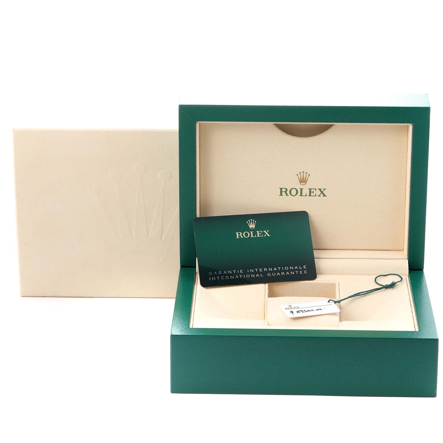 The image shows the packaging and accessories for a Rolex GMT-Master 126710 Men
s Stainless Steel Black Dial 126710 Men
s Stainless Steel Black Dial, including a green box, warranty card, and tag.