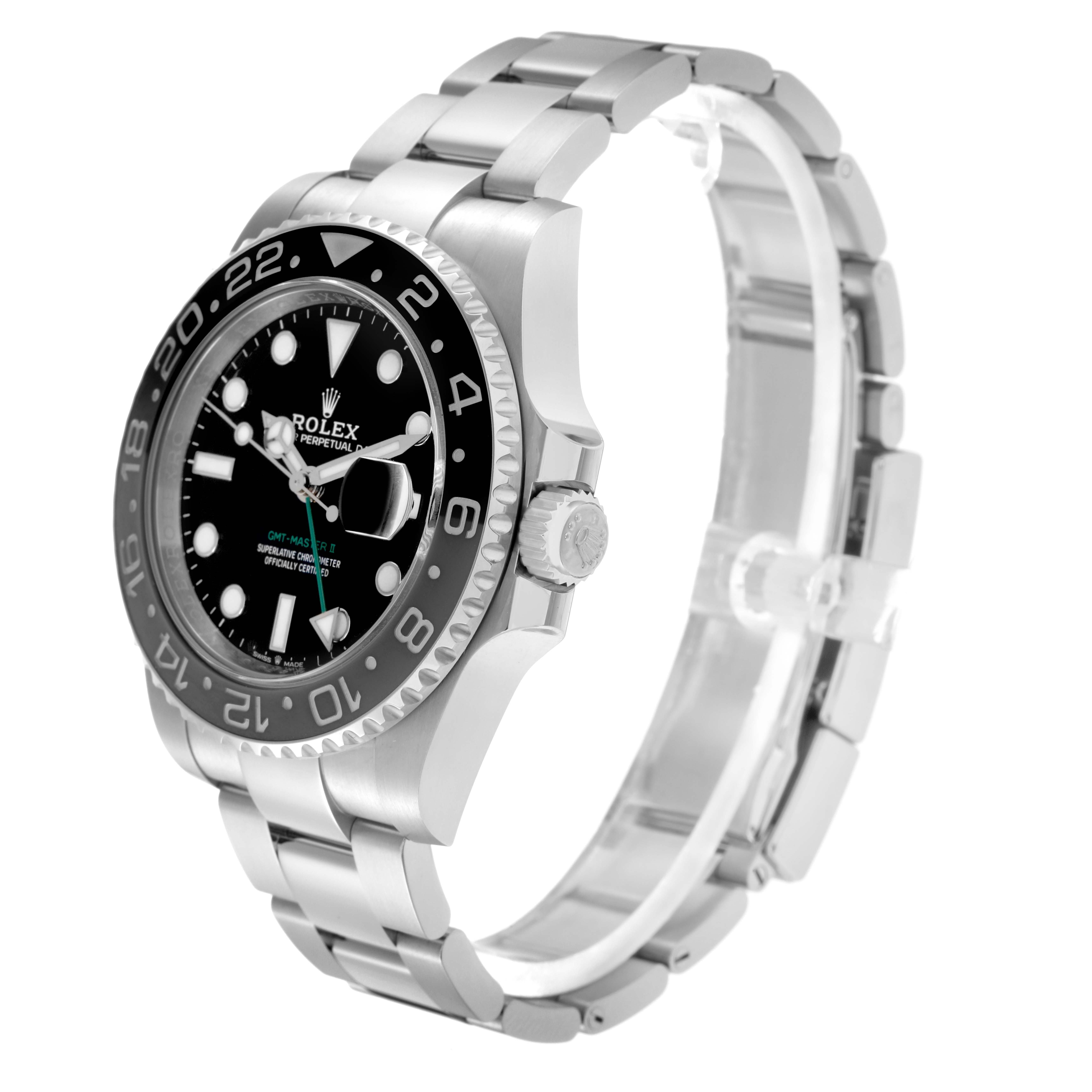 The Rolex GMT-Master 126710 Men
s Stainless Steel Black Dial 126710 Men
s Stainless Steel Black Dial watch is shown at a side angle, highlighting the bezel, dial, crown, and bracelet.