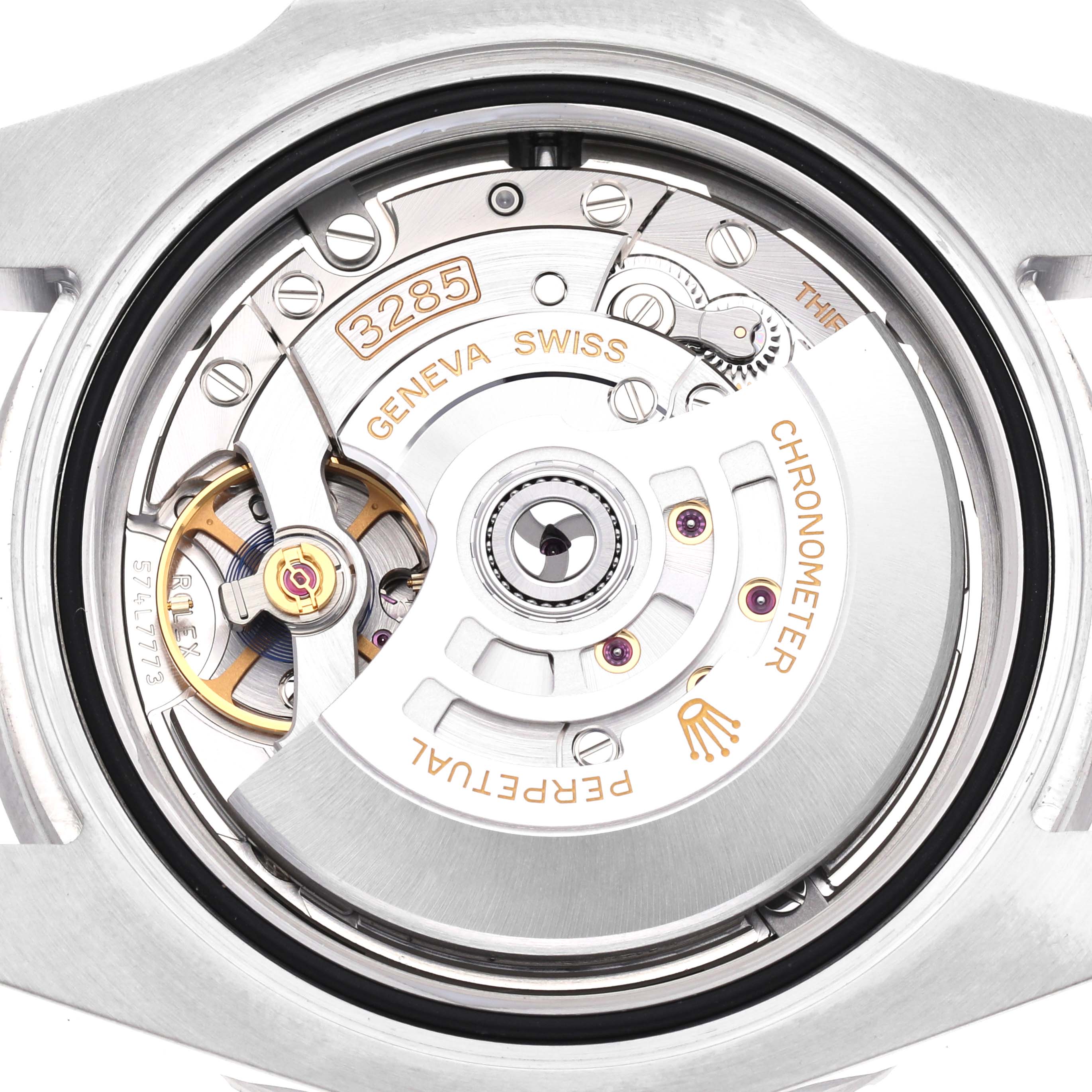 The image shows the movement from the back of a Rolex GMT-Master 126710 Men
s Stainless Steel Black Dial 126710 Men
s Stainless Steel Black Dial, highlighting the rotor and intricate mechanical components.