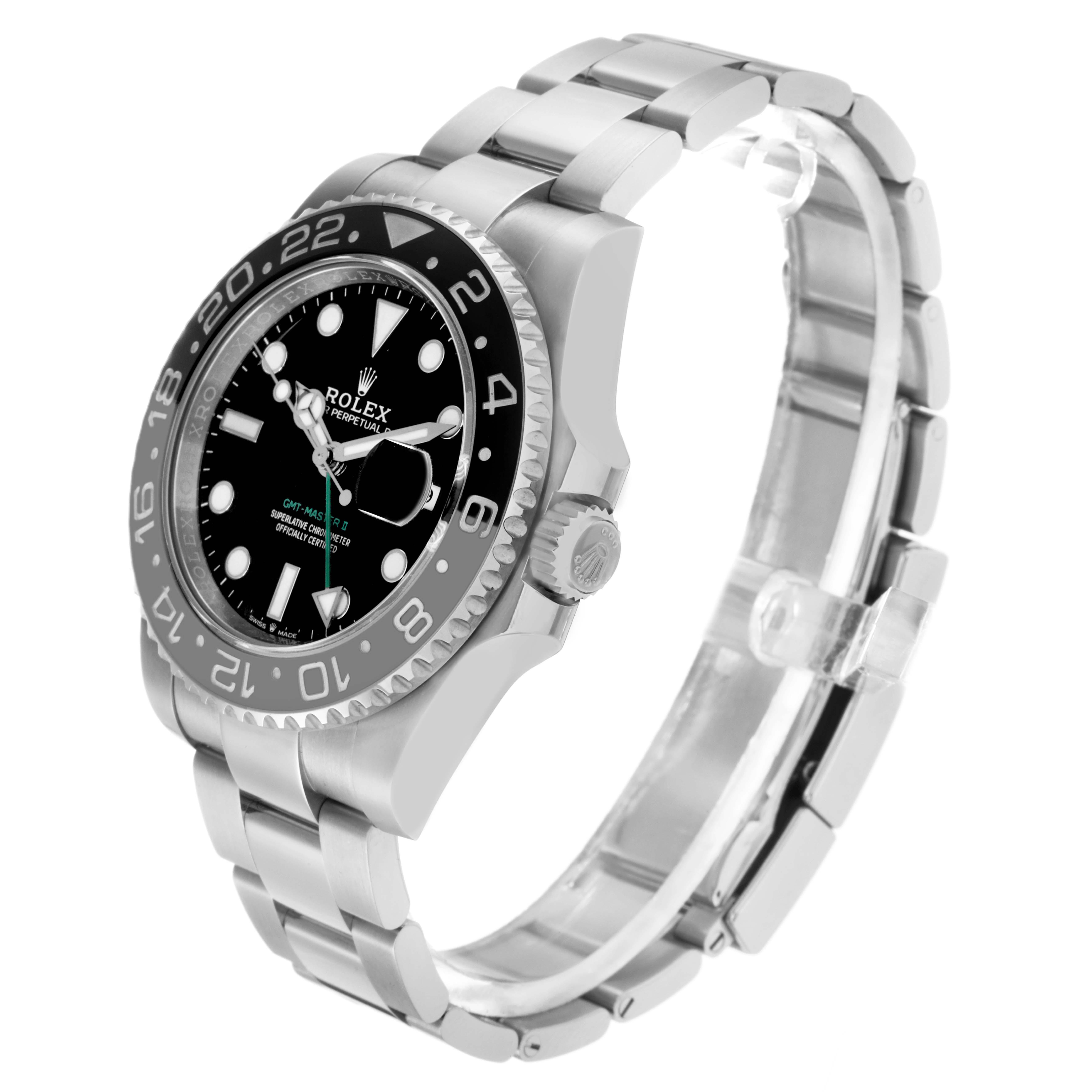 The Rolex GMT-Master 126710 Men
s Stainless Steel Black Dial 126710 Men
s Stainless Steel Black Dial watch is shown at a three-quarter angle, highlighting the bezel, dial, and bracelet.