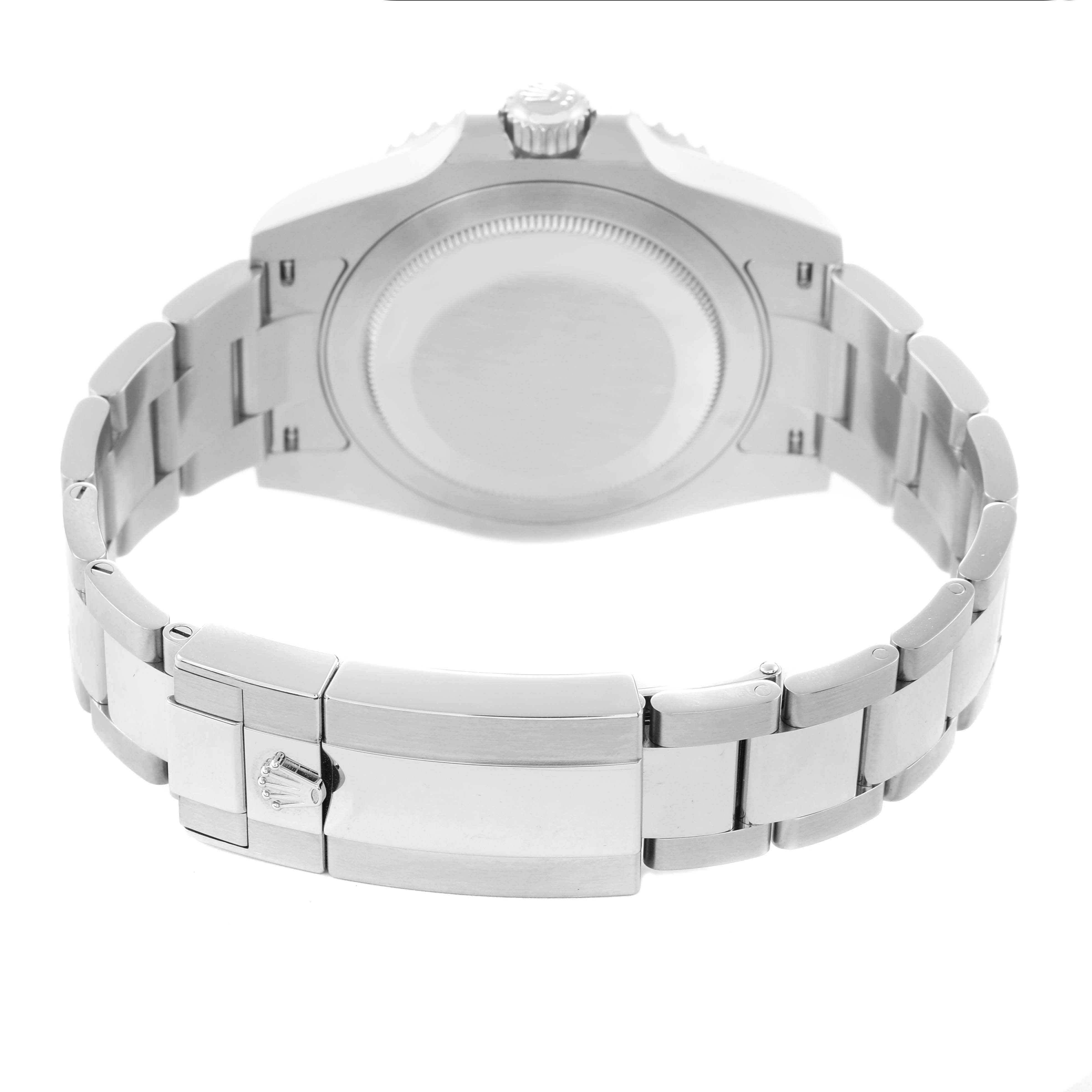 The image shows the back view of a Rolex GMT-Master 126710 Men
s Stainless Steel Black Dial 126710 Men
s Stainless Steel Black Dial, highlighting the case back and clasp of the metal bracelet.