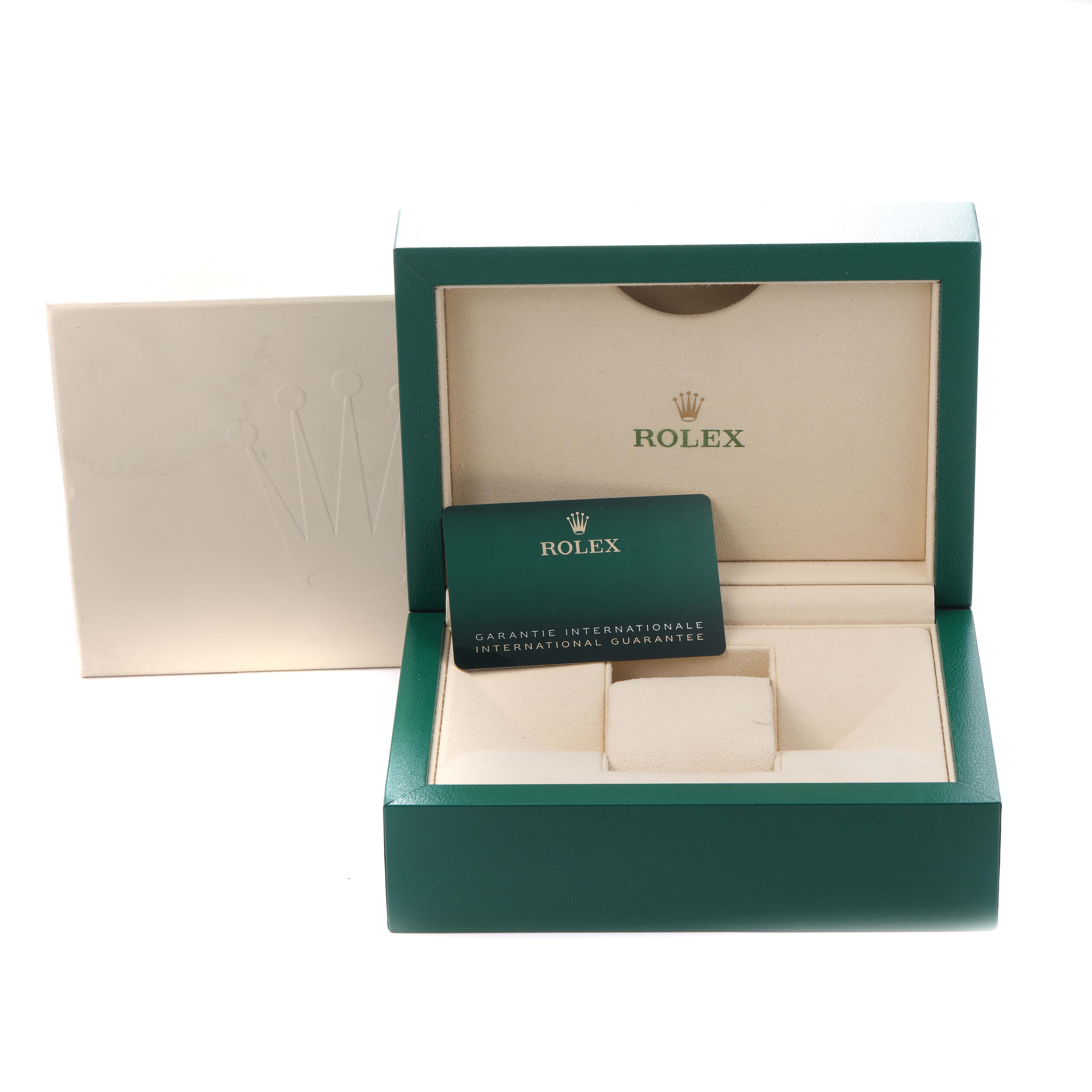 The image shows a Rolex GMT-Master 126710 Men
s Stainless Steel Black Dial 126710 Men
s Stainless Steel Black Dial watch box, open with the guarantee card displayed inside.