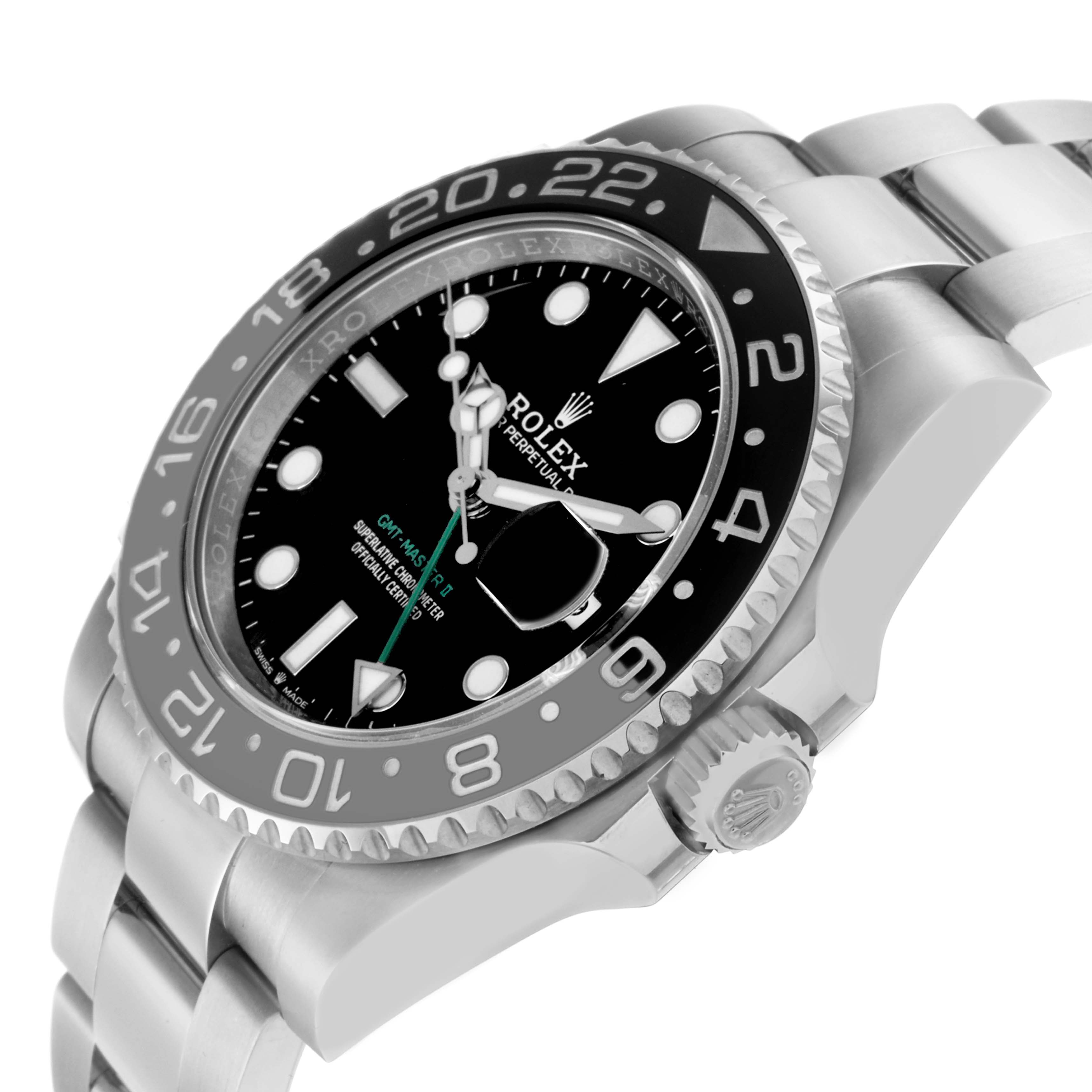 The Rolex GMT-Master 126710 Men
s Stainless Steel Black Dial 126710 Men
s Stainless Steel Black Dial watch is shown from an angled side view, highlighting the bezel, dial, crown, and part of the bracelet.