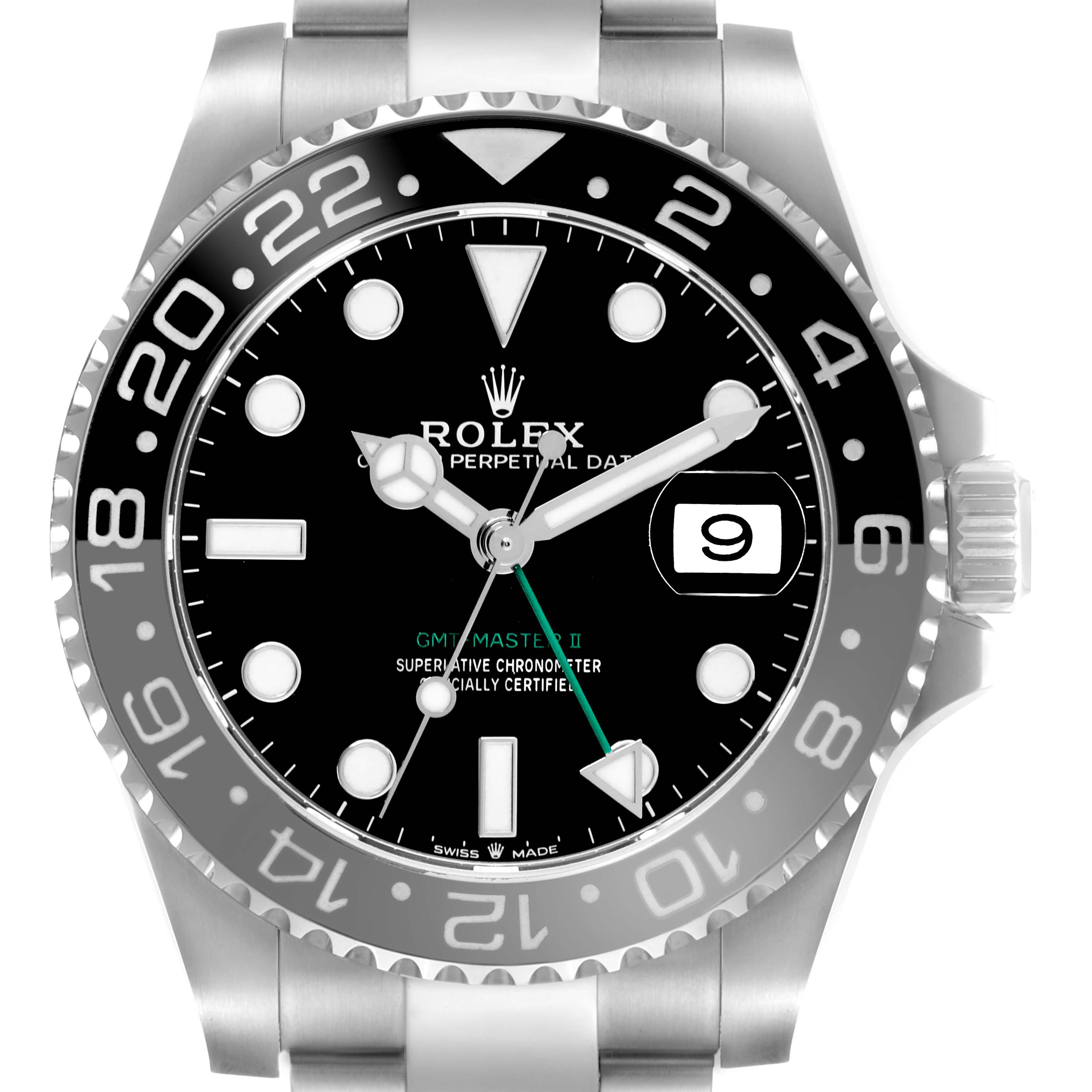 The image shows a frontal view of the Rolex GMT-Master 126710 Men
s Stainless Steel Black Dial 126710 Men
s Stainless Steel Black Dial II, highlighting the dial, bezel, hands, and date window.