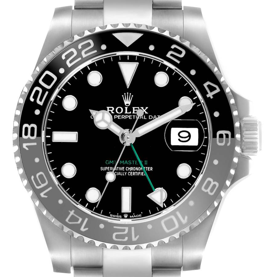 The image shows a frontal view of the Rolex GMT-Master II, highlighting the dial, bezel, hands, and date window.