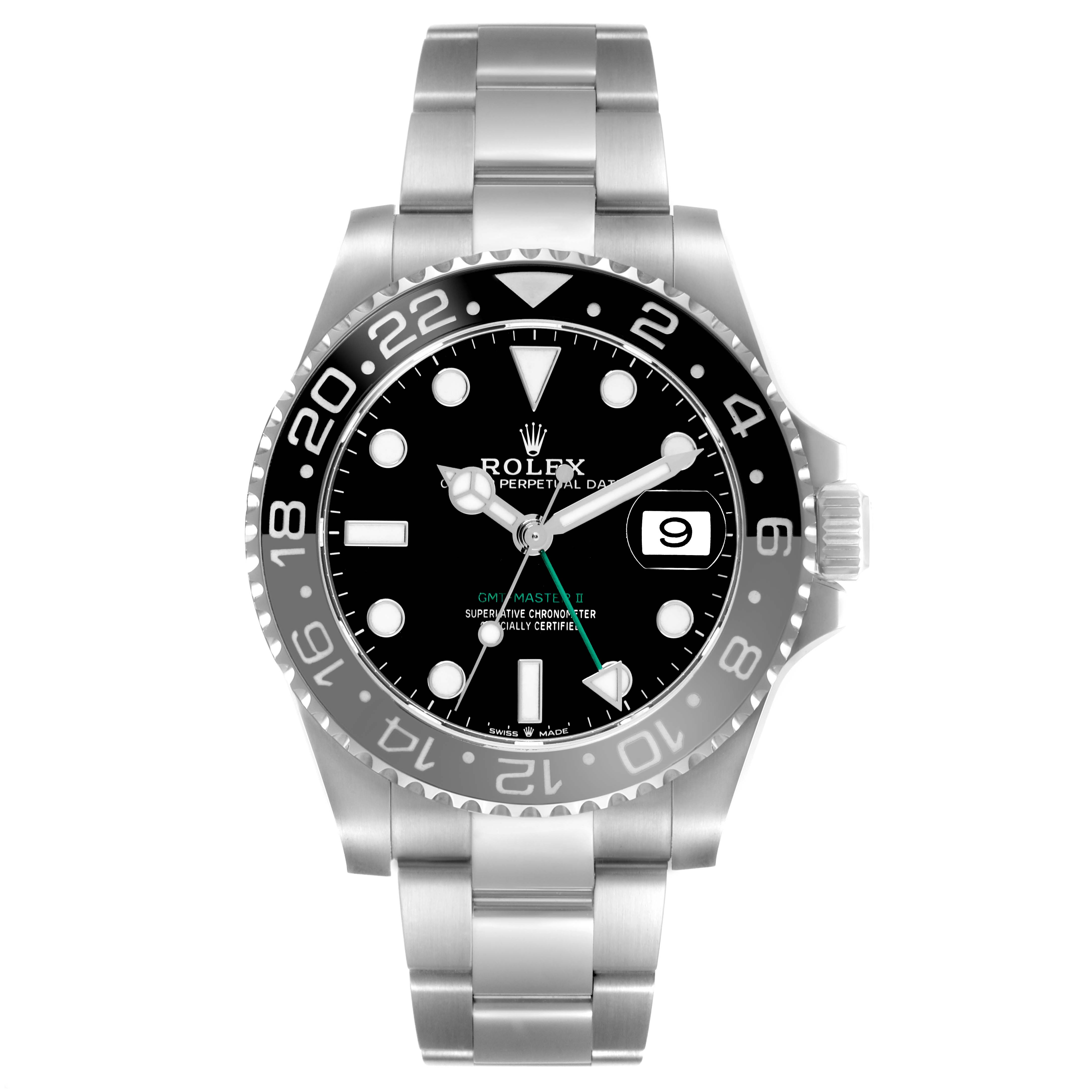 The Rolex GMT-Master 126710 Men
s Stainless Steel Black Dial 126710 Men
s Stainless Steel Black Dial watch is shown from the front, displaying its face, bezel, and bracelet.