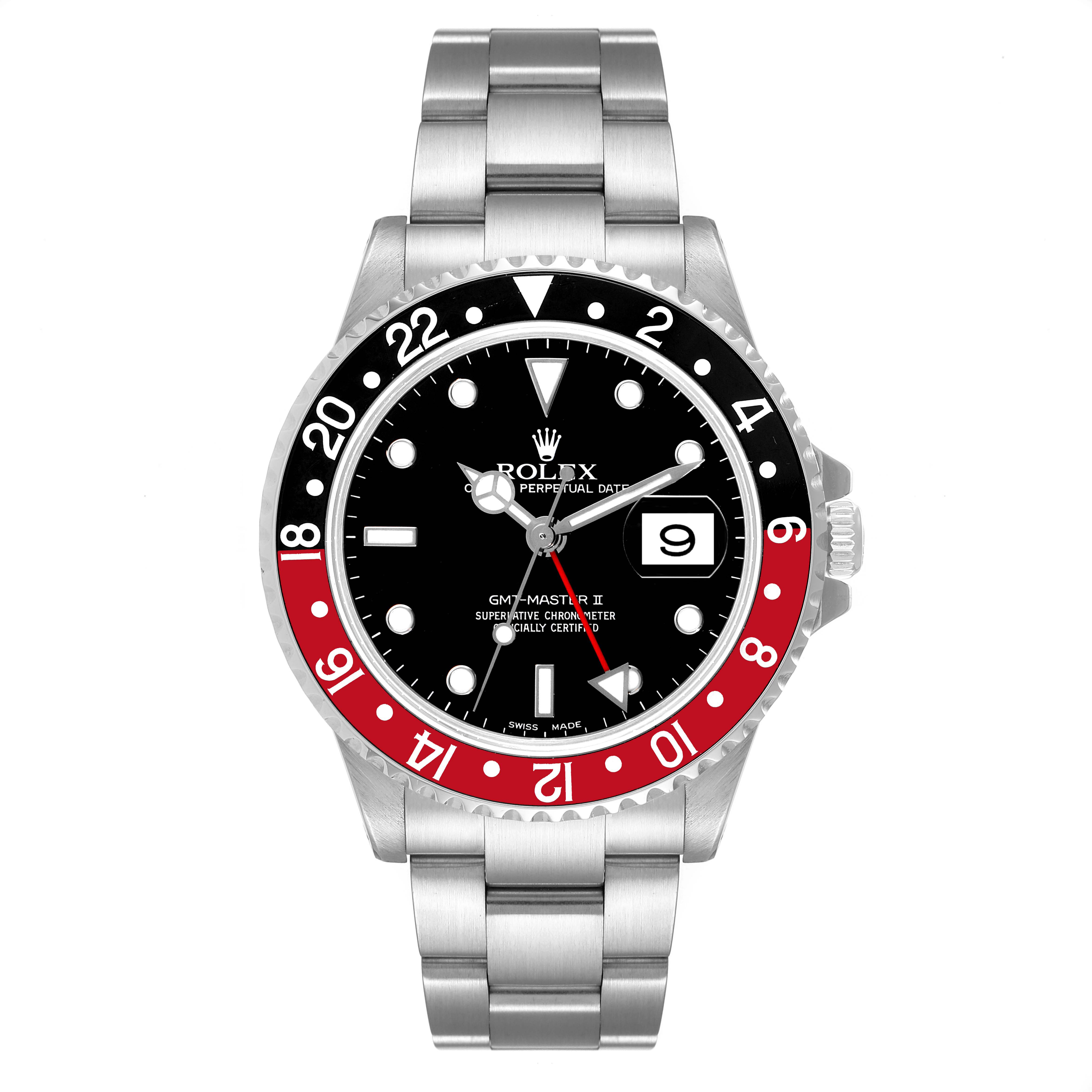 The image shows a frontal view of the Rolex GMT-Master 16710 Men
s Stainless Steel Black Dial 16710 Men
s Stainless Steel Black Dial II watch with a stainless steel bracelet and black and red bezel.