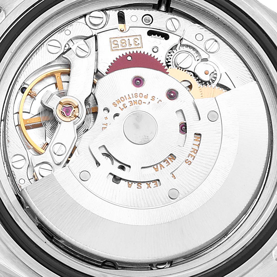 This image shows the internal mechanical movement of a Rolex GMT-Master 16710 Men
s Stainless Steel Black Dial 16710 Men
s Stainless Steel Black Dial watch from a close-up angle.