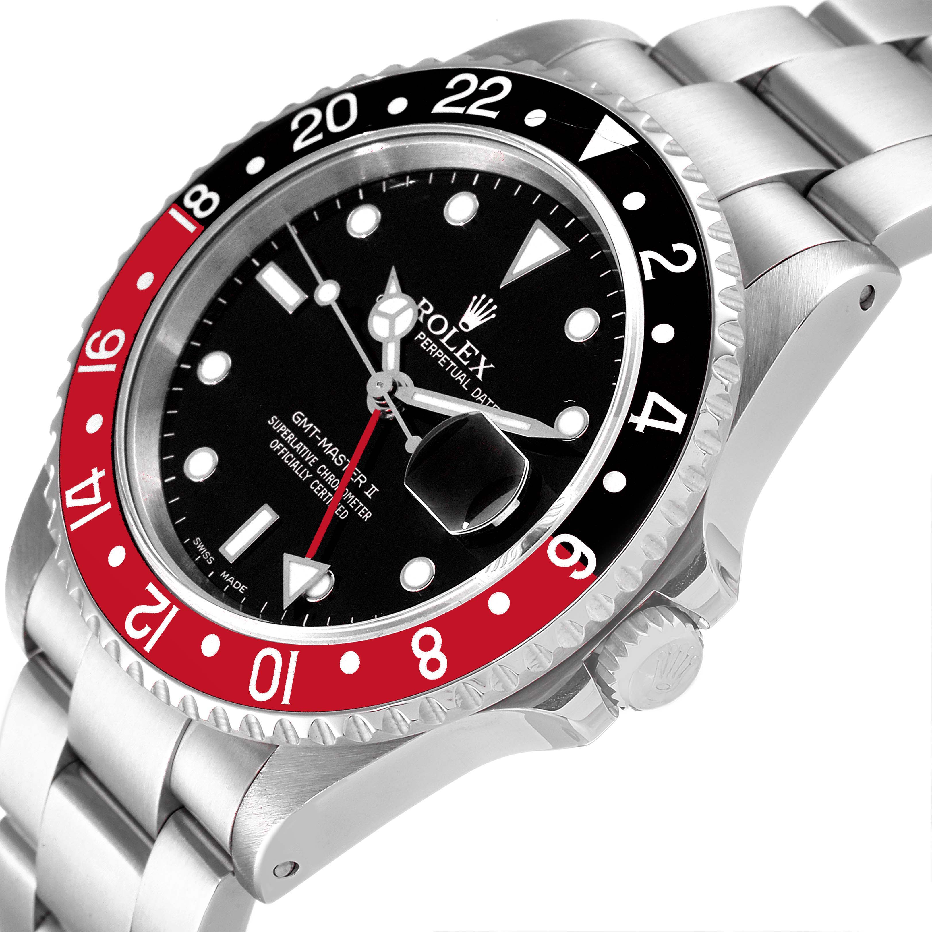 The image shows a Rolex GMT-Master 16710 Men
s Stainless Steel Black Dial 16710 Men
s Stainless Steel Black Dial II watch at an angle highlighting the bezel, dial, crown, and bracelet.
