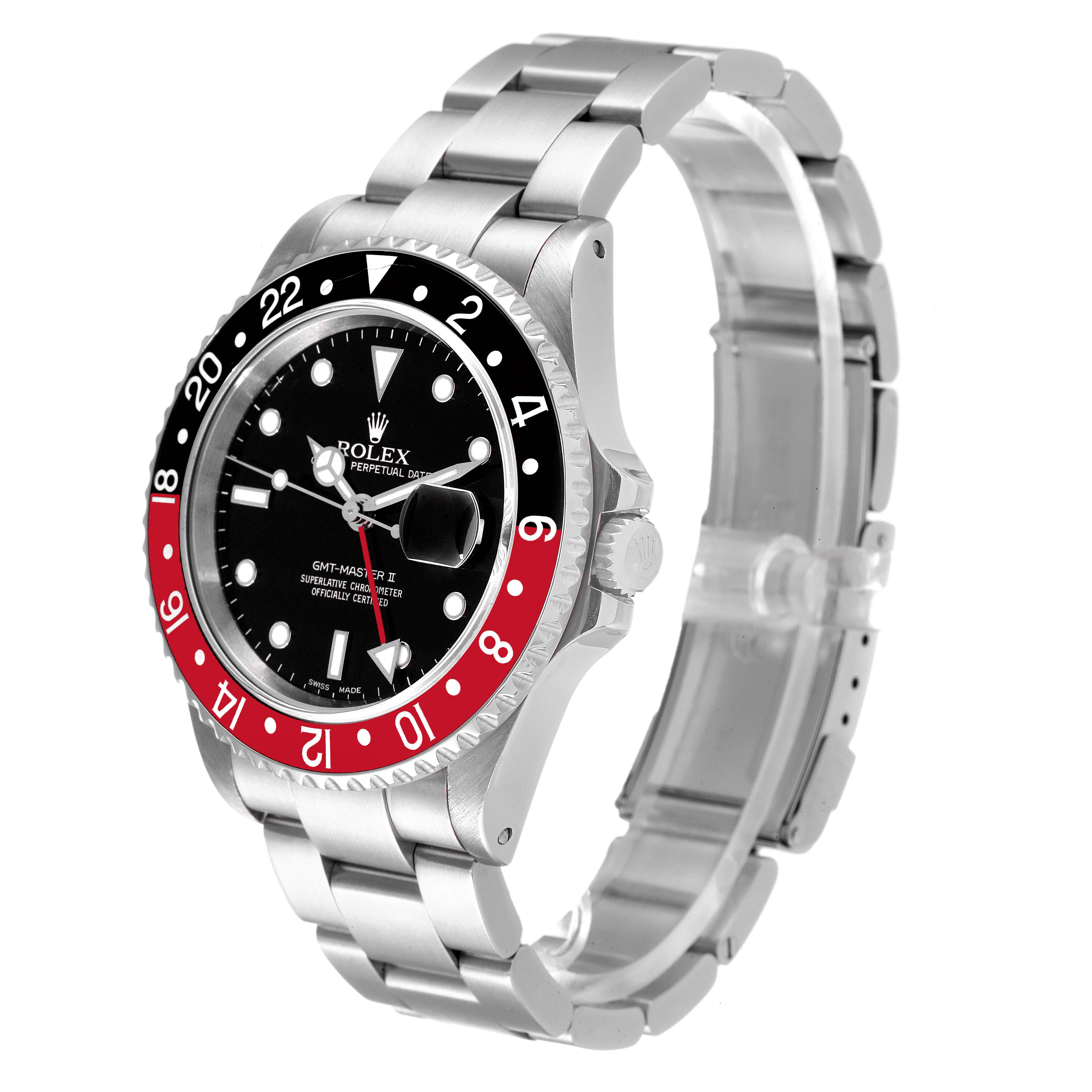 The Rolex GMT-Master 16710 Men
s Stainless Steel Black Dial 16710 Men
s Stainless Steel Black Dial watch is shown at a three-quarter angle, displaying its bezel, dial, and stainless steel bracelet.