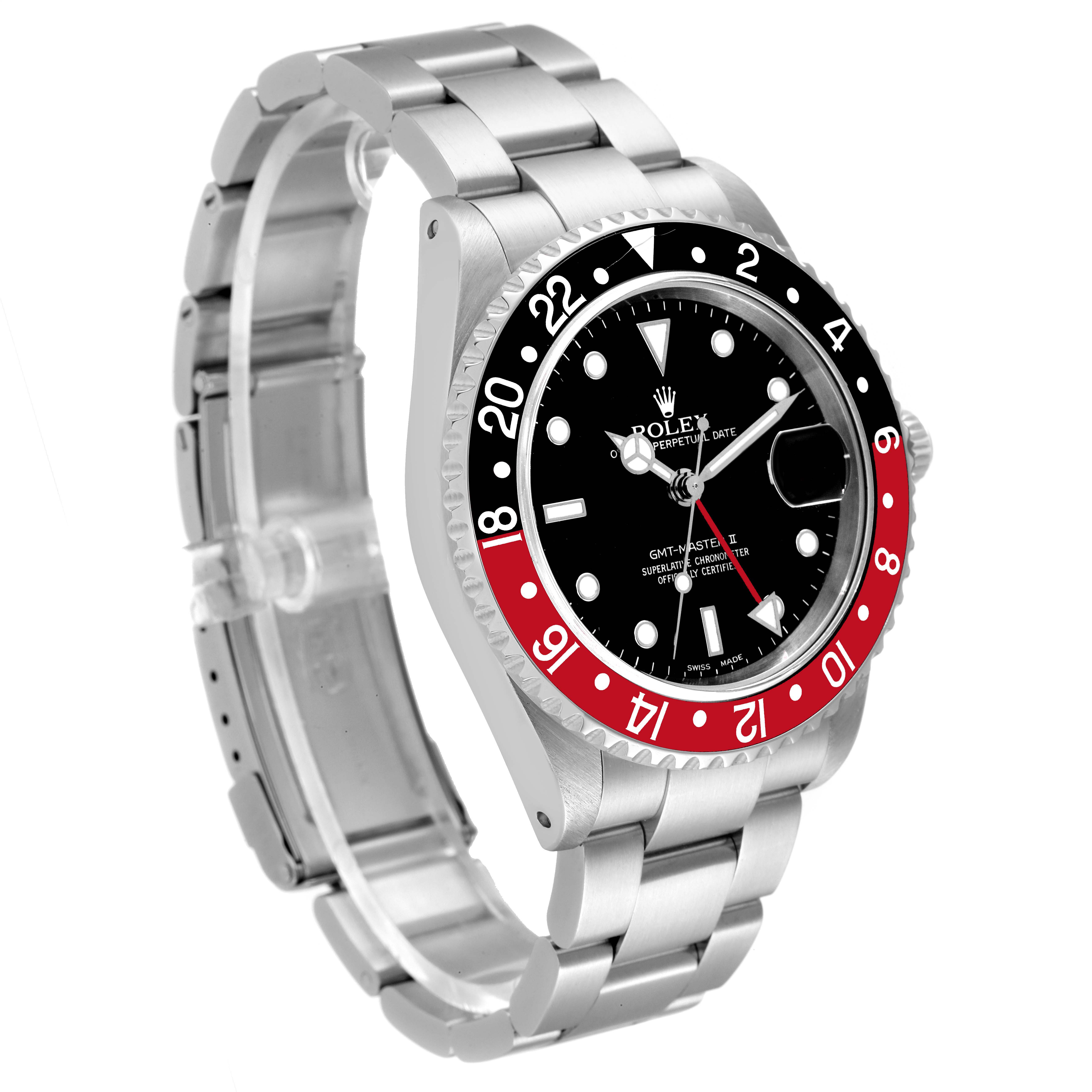 The image shows a Rolex GMT-Master 16710 Men
s Stainless Steel Black Dial 16710 Men
s Stainless Steel Black Dial watch at a side angle, displaying its bezel, dial, and metal bracelet.