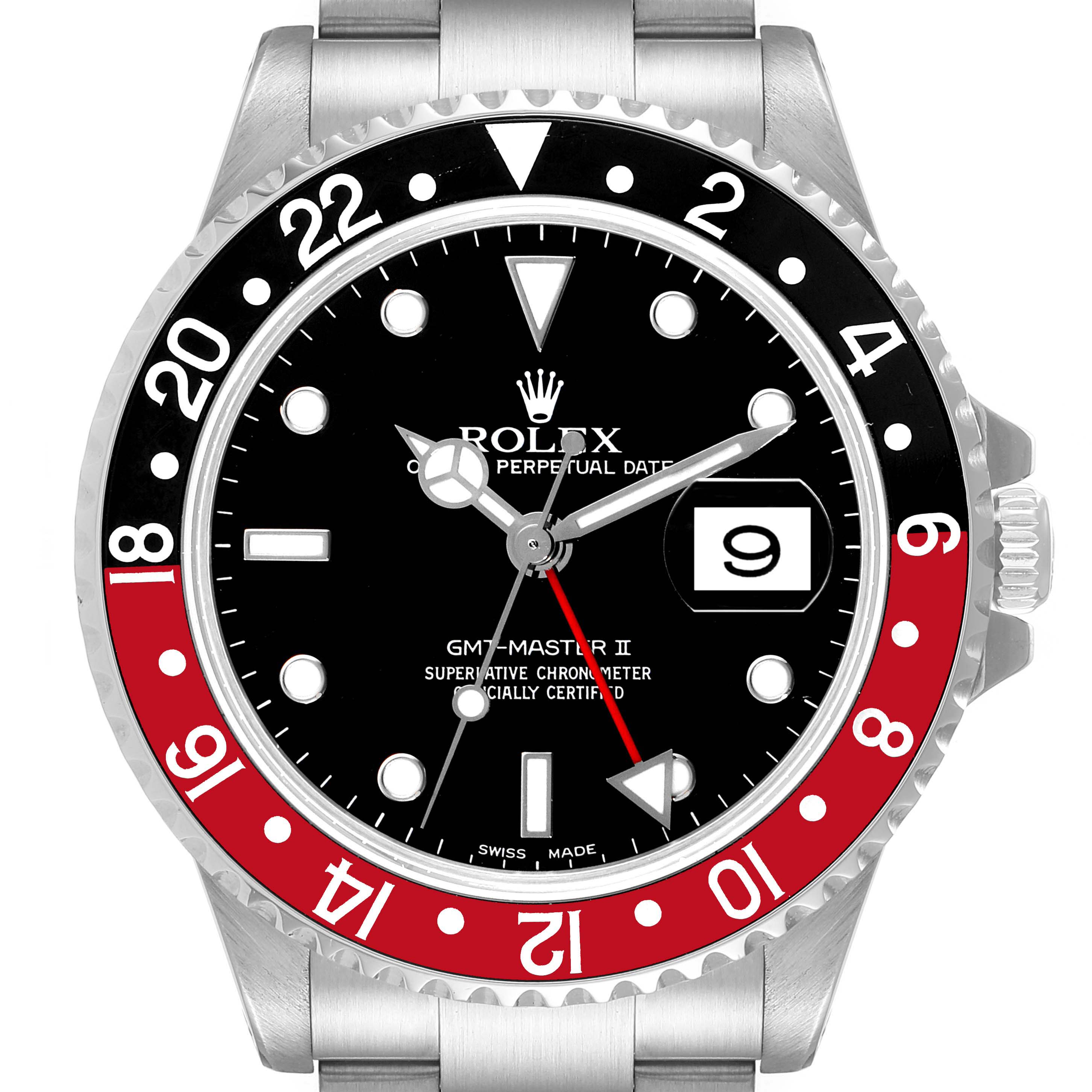 This image shows the face, bezel, and part of the bracelet of a Rolex GMT-Master 16710 Men
s Stainless Steel Black Dial 16710 Men
s Stainless Steel Black Dial II watch.