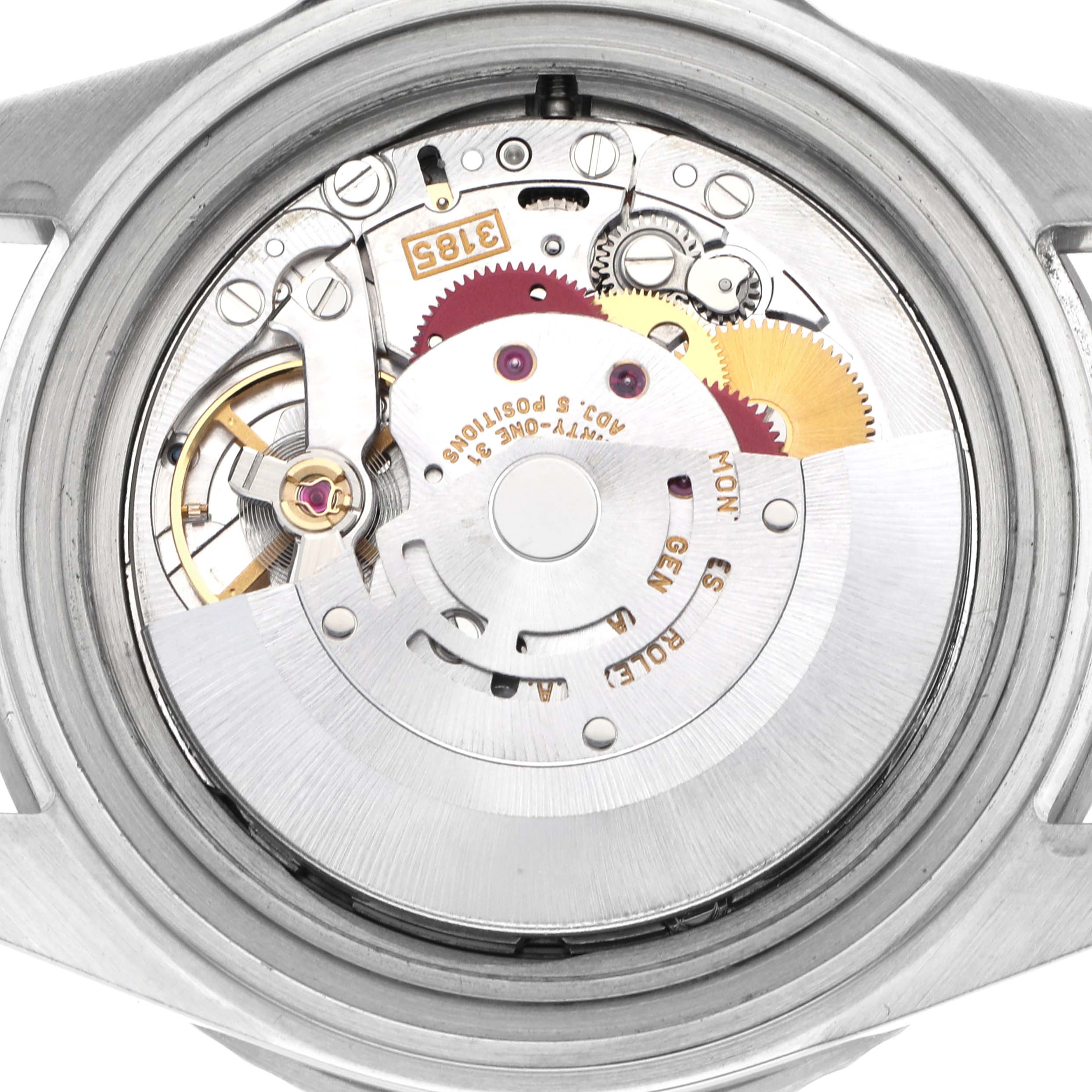 The image shows the open case back of a Rolex GMT-Master 16710 Men
s Stainless Steel Black Dial 16710 Men
s Stainless Steel Black Dial, revealing its intricate movement and internal components.