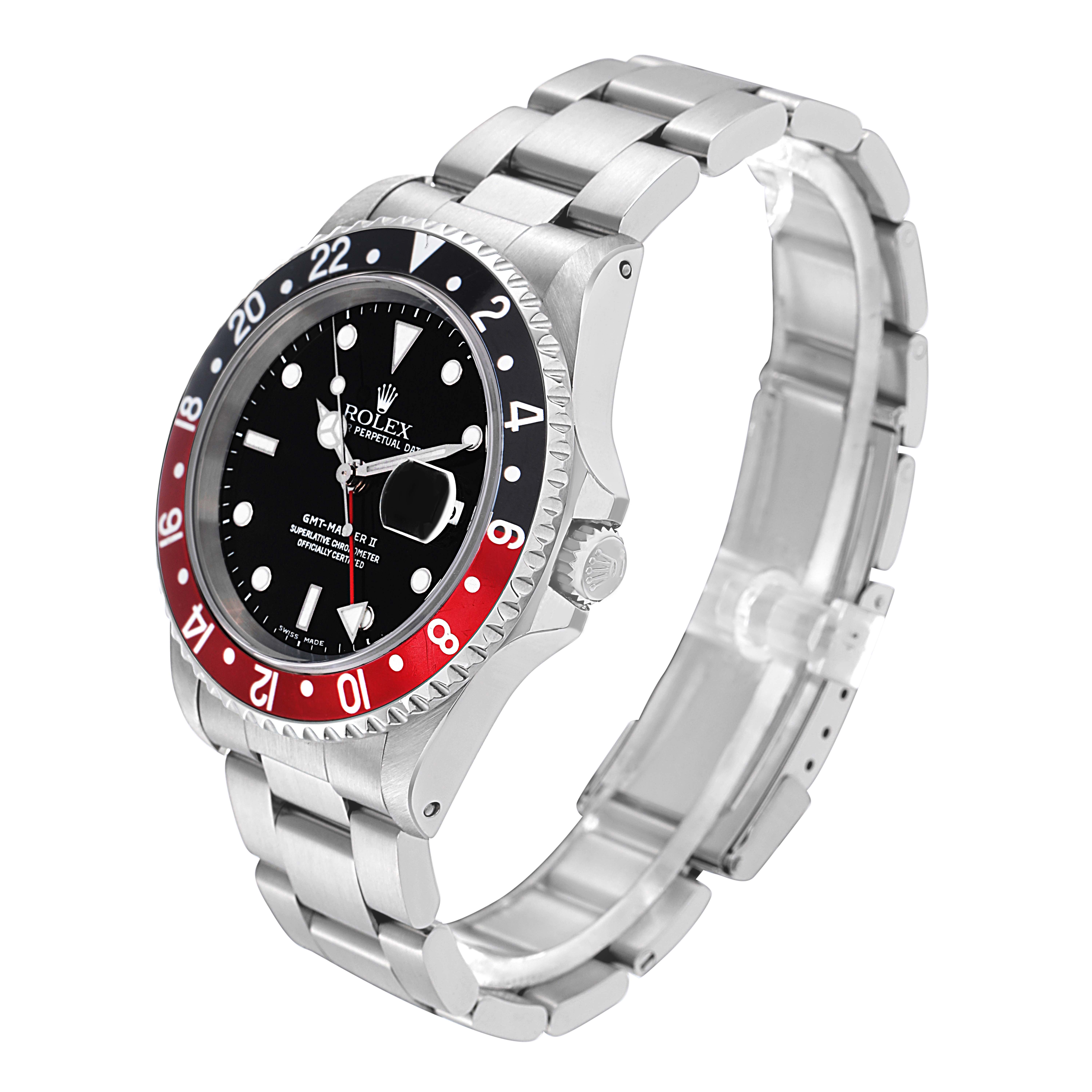 The Rolex GMT-Master 16710 Men
s Stainless Steel Black Dial 16710 Men
s Stainless Steel Black Dial watch is shown at a three-quarter angle, displaying the face, bezel, crown, and bracelet.