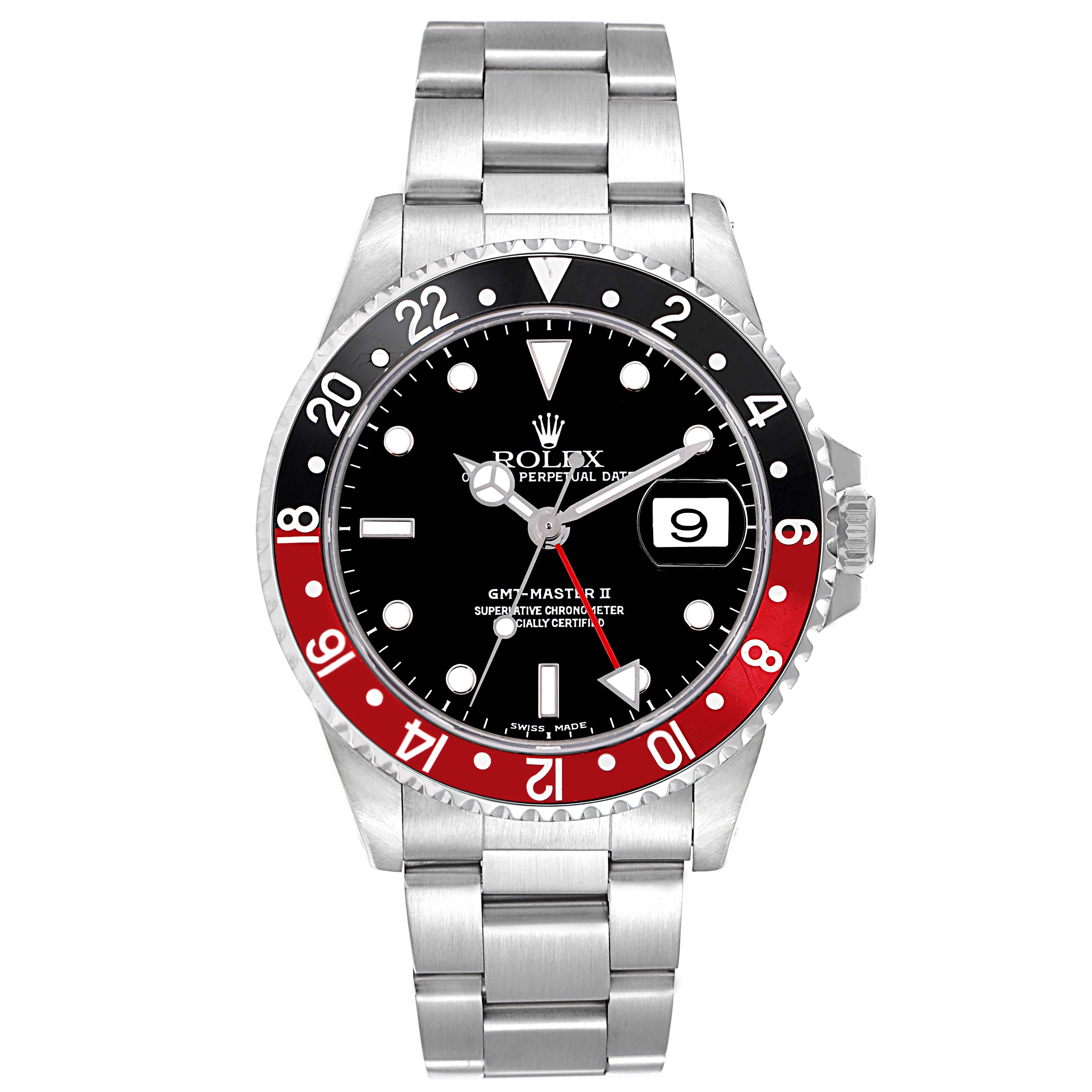 The Rolex GMT-Master 16710 Men
s Stainless Steel Black Dial 16710 Men
s Stainless Steel Black Dial model is shown from the front, displaying the bezel, dial, bracelet, and crown.