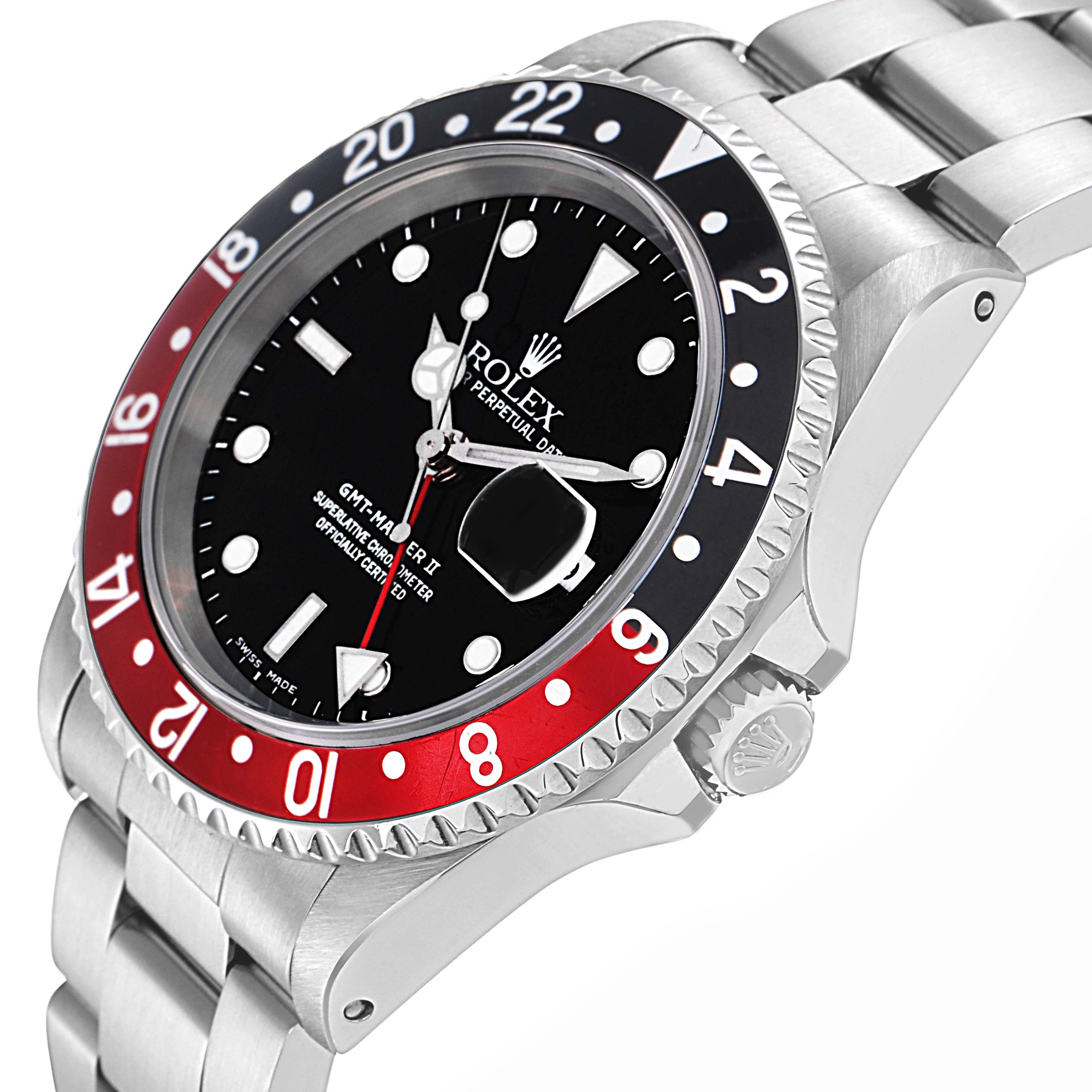 The Rolex GMT-Master 16710 Men
s Stainless Steel Black Dial 16710 Men
s Stainless Steel Black Dial is shown from a side angle, displaying the bezel, crown, bracelet, and part of the dial.