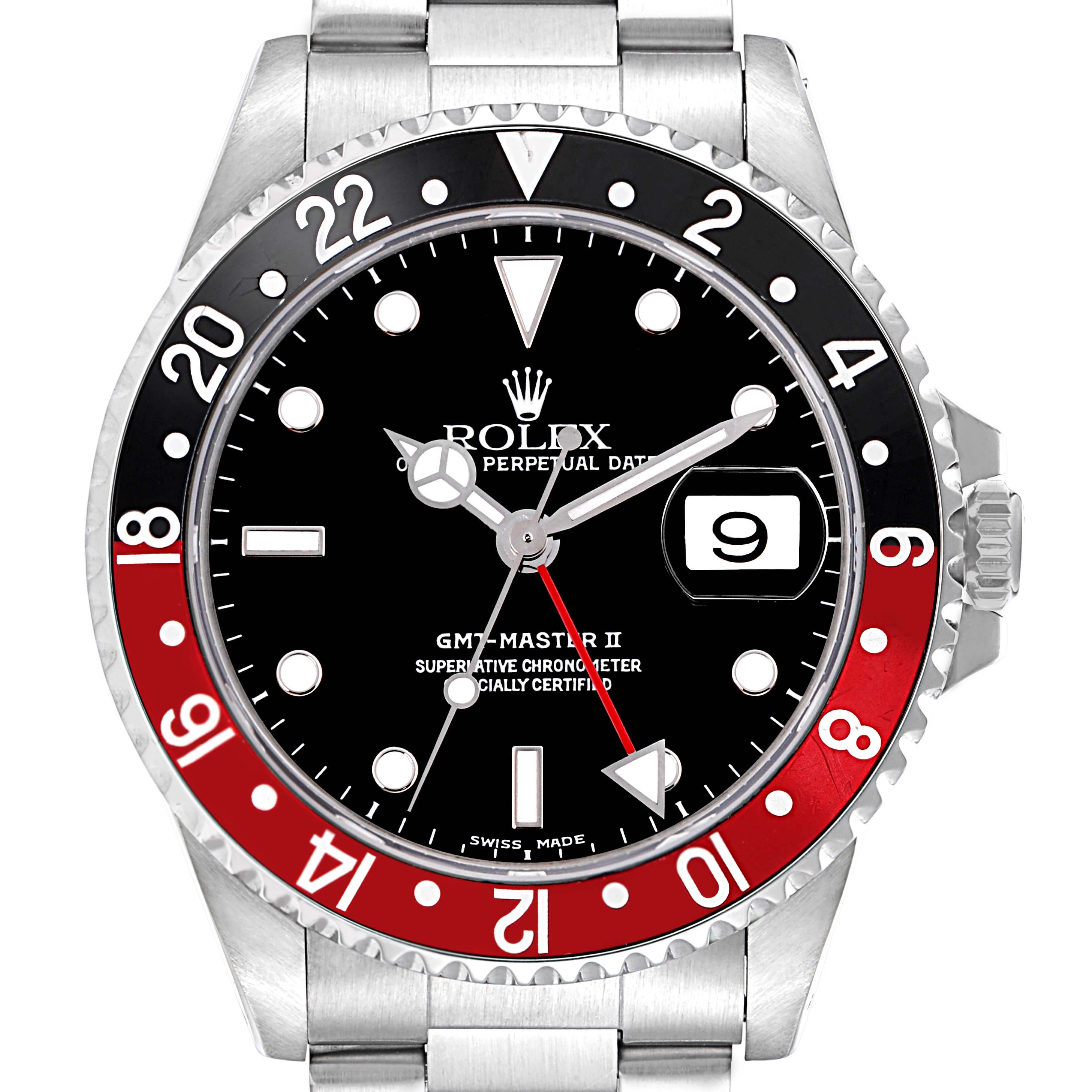 The image shows a Rolex GMT-Master 16710 Men
s Stainless Steel Black Dial 16710 Men
s Stainless Steel Black Dial II watch from a straight-on angle, highlighting the bezel, dial, hands, and bracelet.