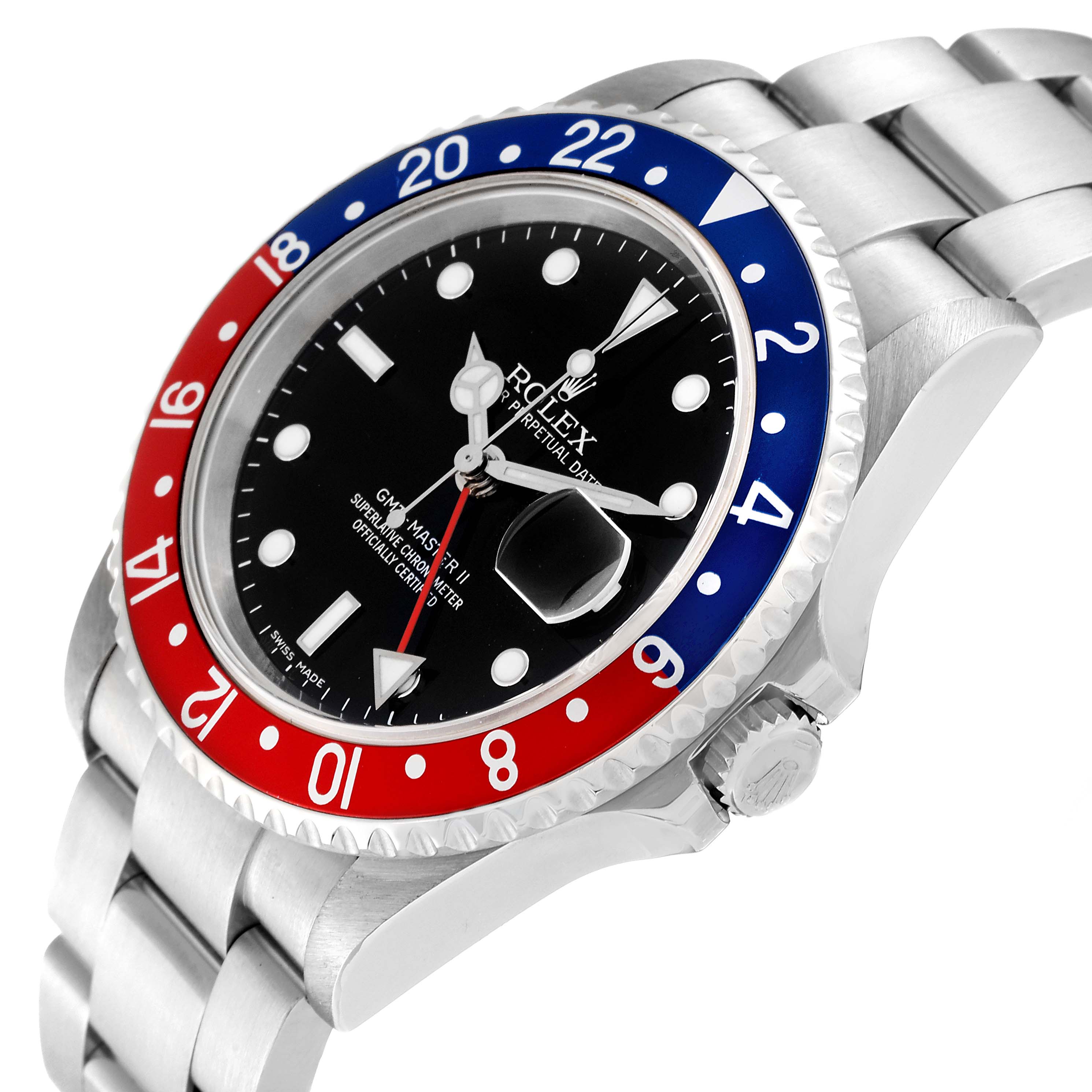 The image shows a Rolex GMT-Master 16710 Men's Stainless Steel Black Dial 16710 Men's Stainless Steel Black Dial watch angled to display the bezel, dial, and part of the bracelet.