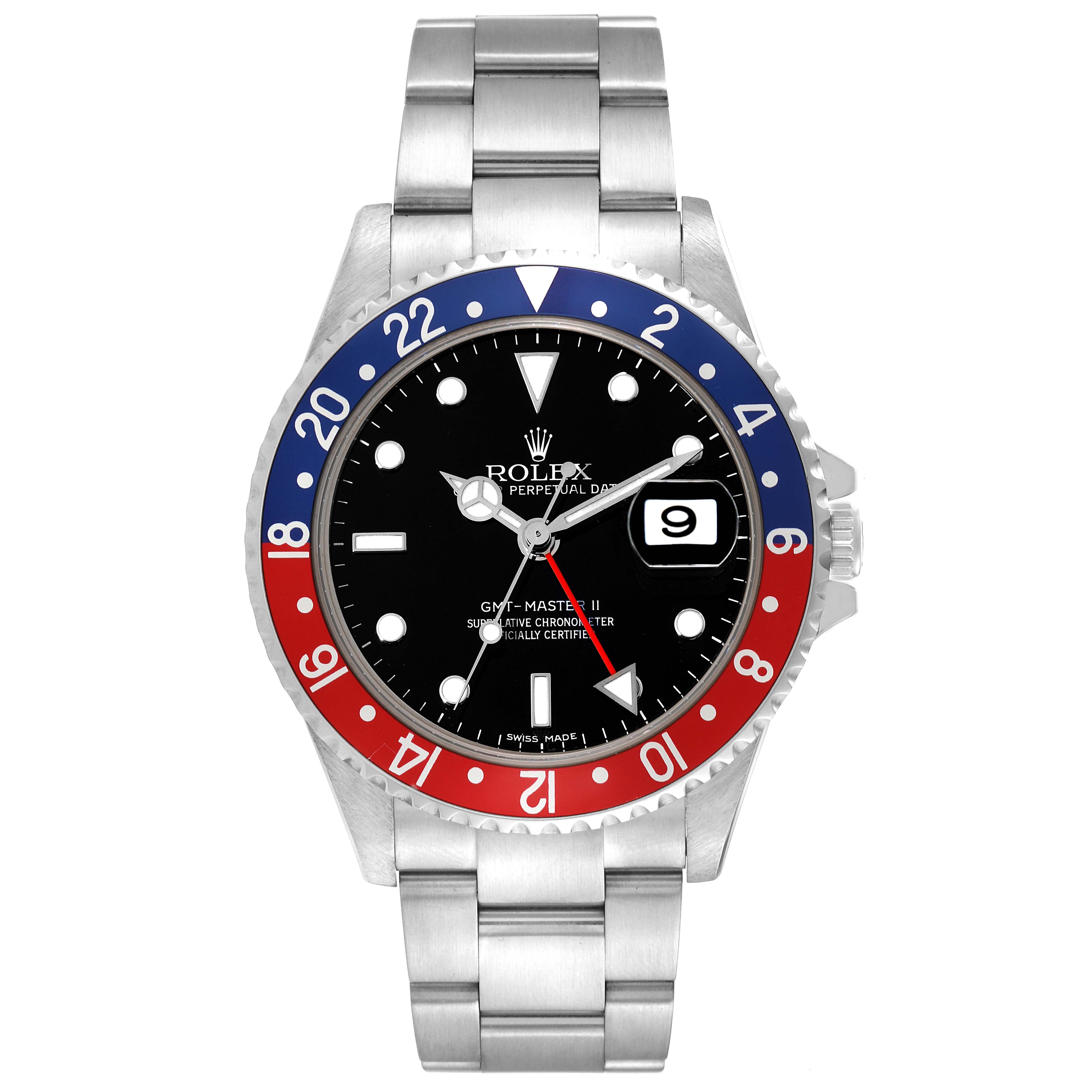 The image shows a front view of a Rolex GMT-Master 16710 Men's Stainless Steel Black Dial 16710 Men's Stainless Steel Black Dial watch, displaying its dial, bezel, and bracelet.
