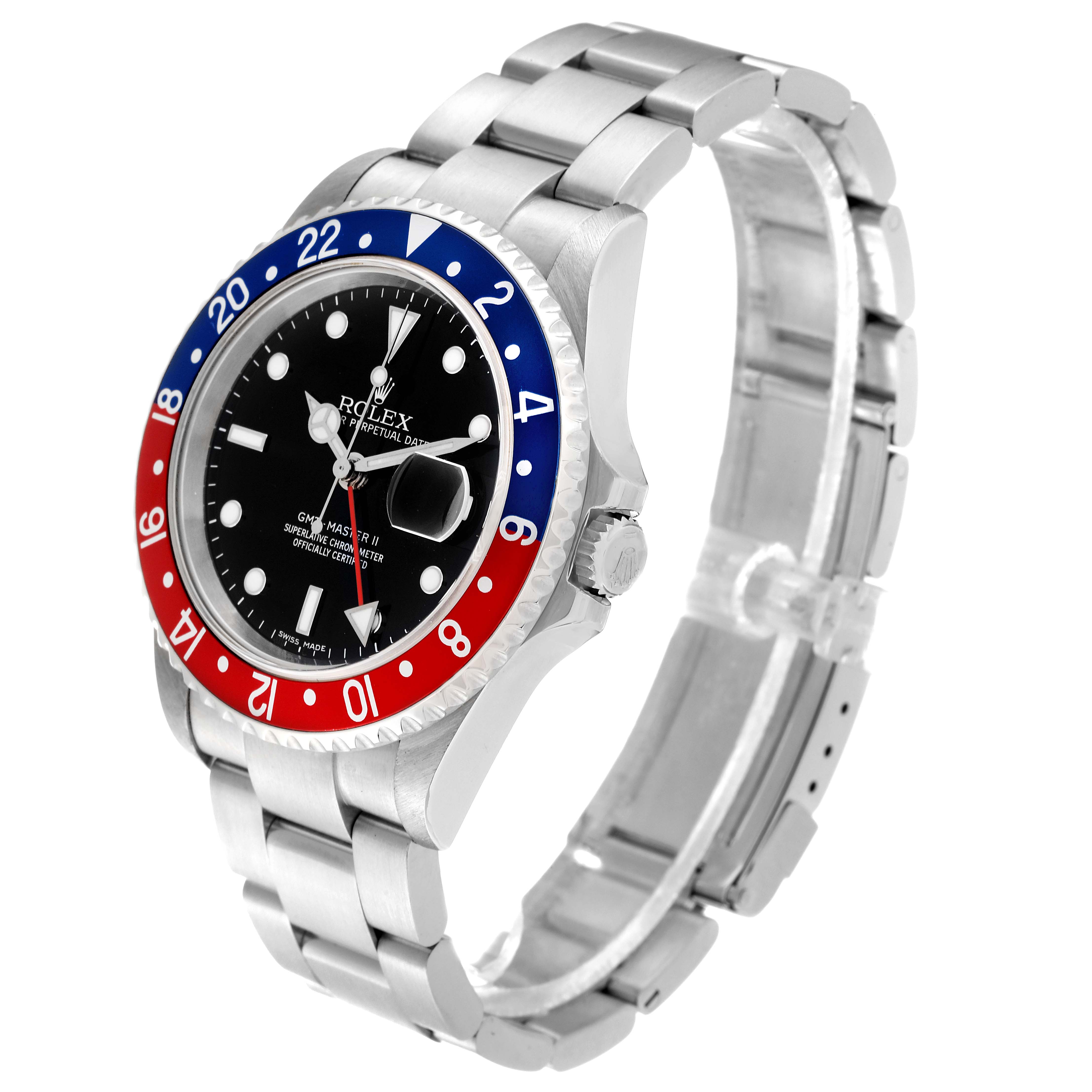 This image shows a Rolex GMT-Master 16710 Men's Stainless Steel Black Dial 16710 Men's Stainless Steel Black Dial watch at a front-side angle, highlighting its bezel, dial, case, and bracelet.