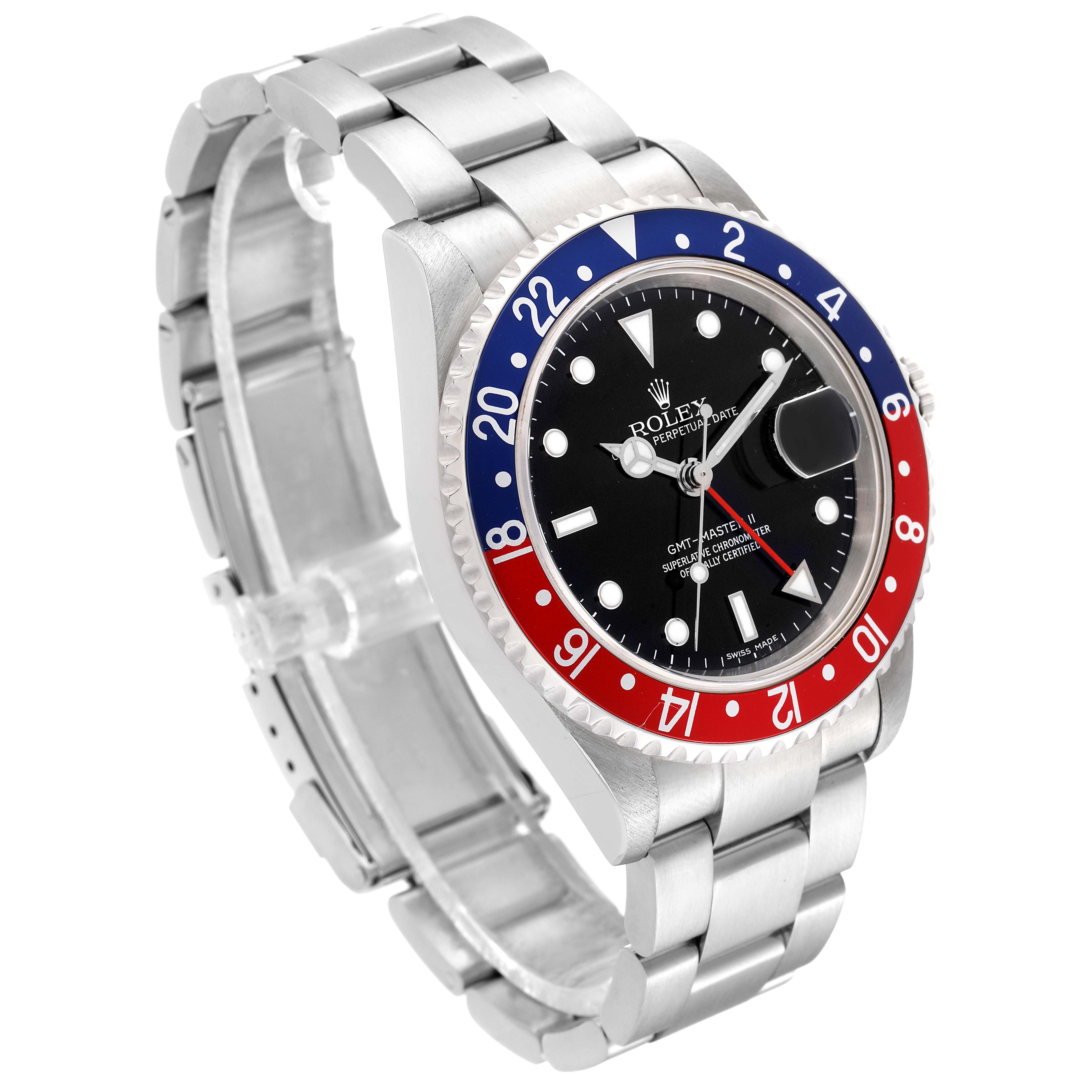 The image shows a Rolex GMT-Master 16710 Men's Stainless Steel Black Dial 16710 Men's Stainless Steel Black Dial watch at a three-quarter angle, highlighting its bracelet, bezel, and dial.