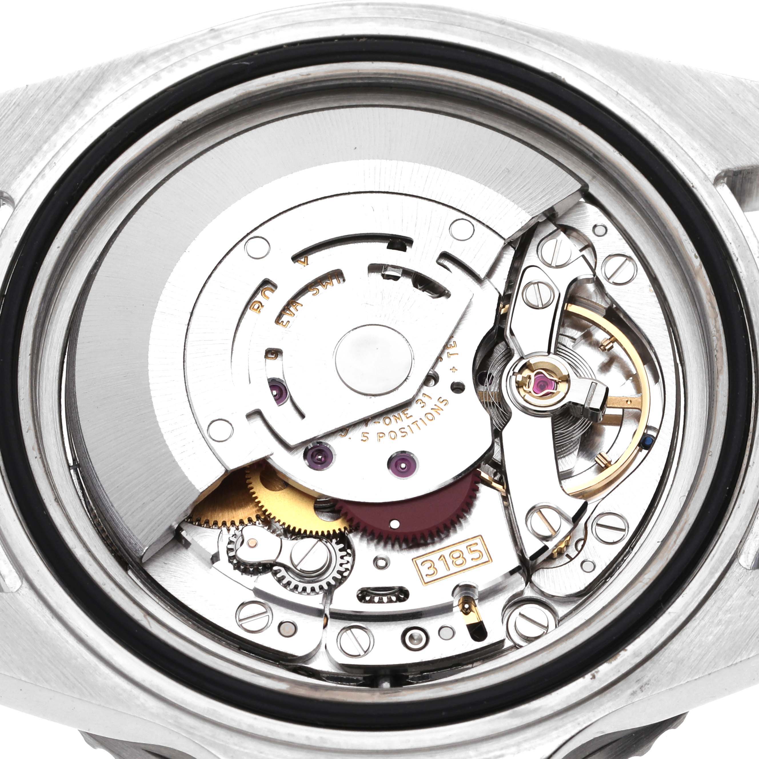 This image shows the exposed movement and internal mechanism of a Rolex GMT-Master 16710 Men's Stainless Steel Black Dial 16710 Men's Stainless Steel Black Dial watch viewed from the case back.