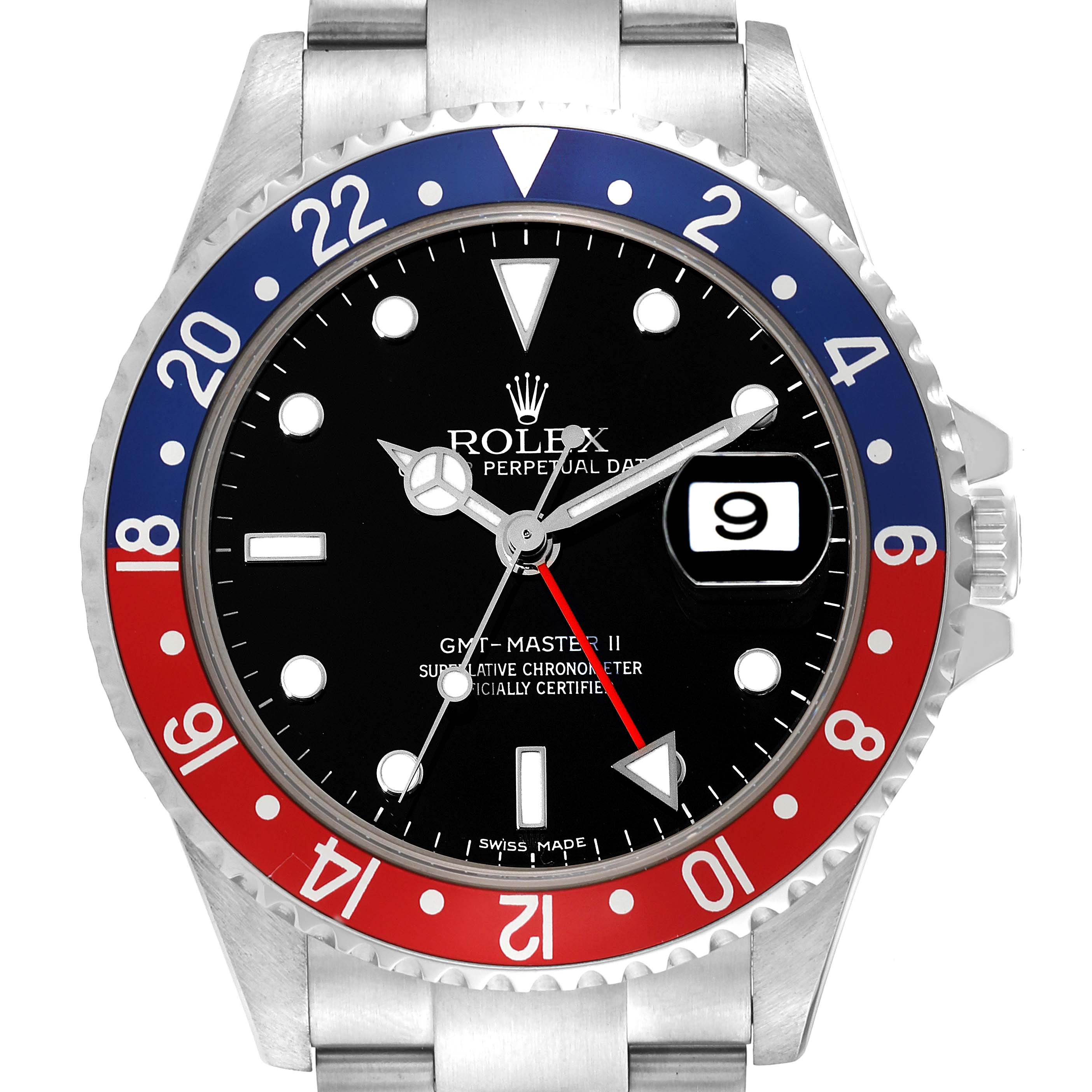 The Rolex GMT-Master 16710 Men's Stainless Steel Black Dial 16710 Men's Stainless Steel Black Dial watch is shown from a front angle, displaying the face, bezel, and part of the bracelet.