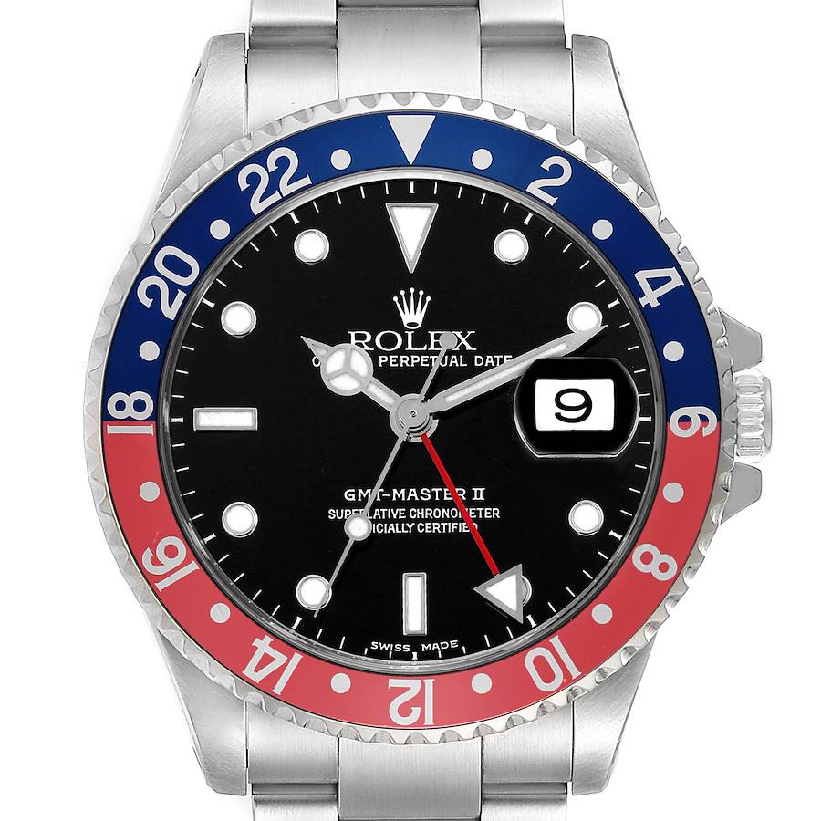The image shows a front view of the Rolex GMT-Master II, displaying its bezel, dial, hands, and date window.
