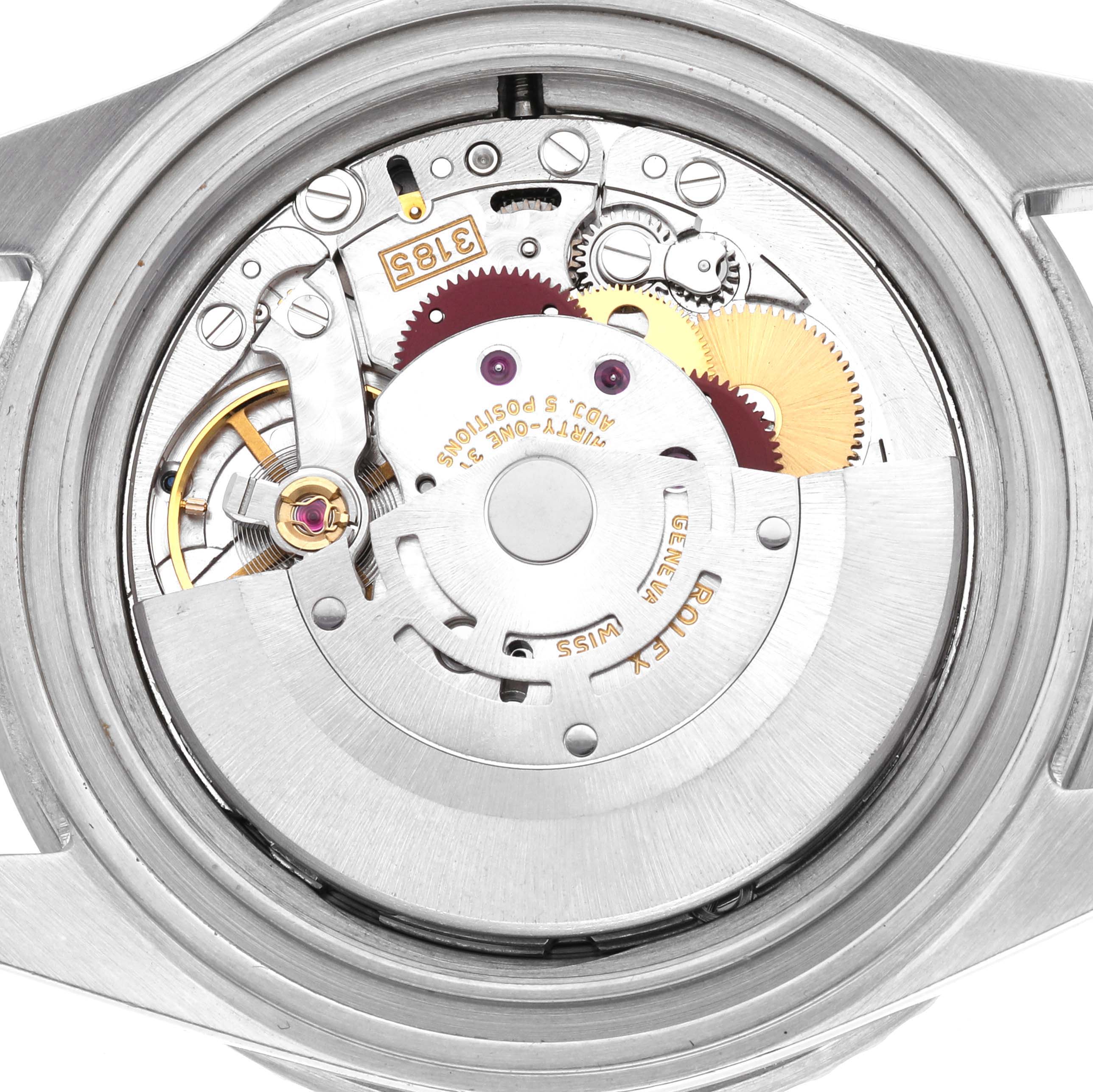 The image shows the inner mechanism of the Rolex GMT-Master 16710 Men
s Stainless Steel Black Dial 16710 Men
s Stainless Steel Black Dial watch from a top-down angle, highlighting gears and rotors.