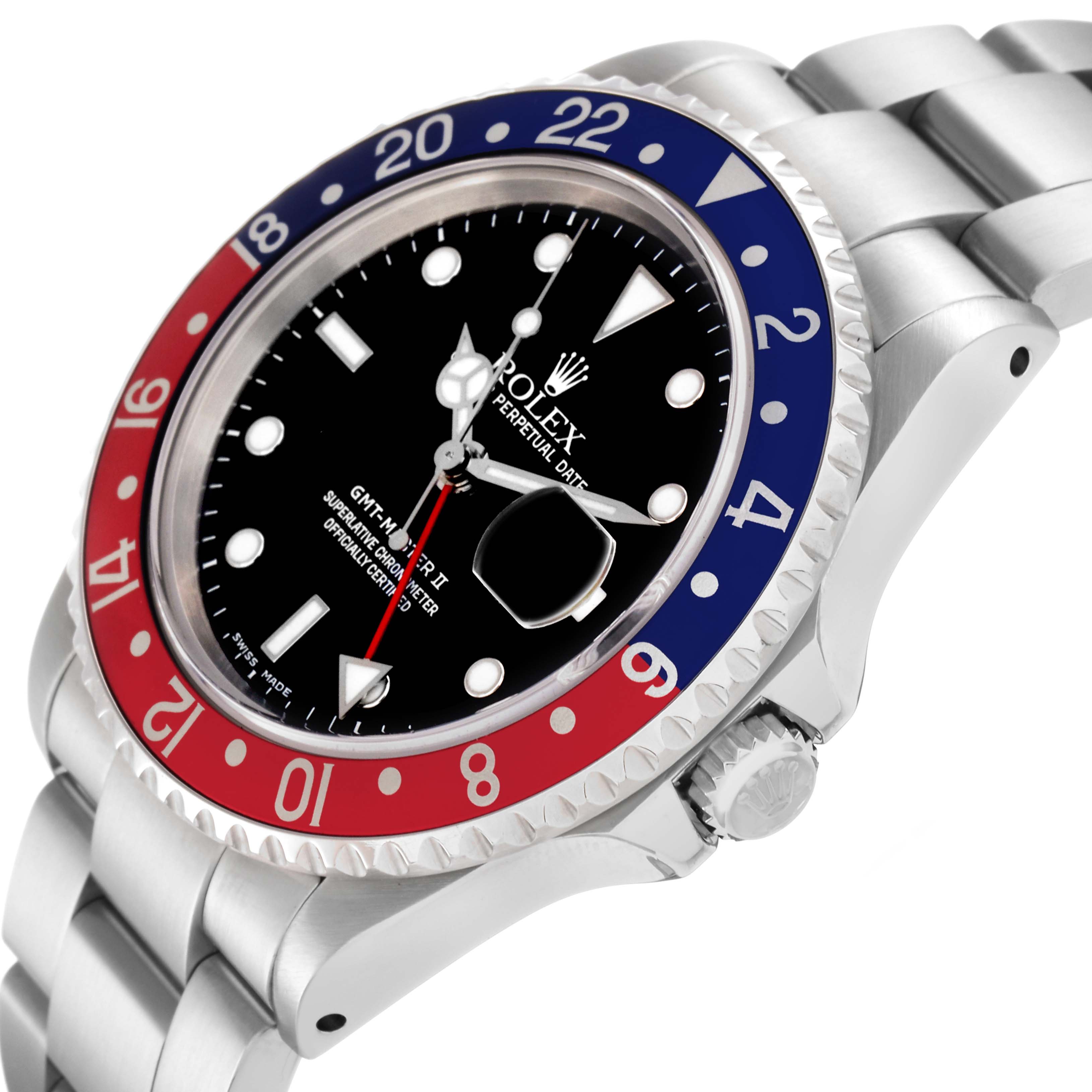 The image shows a Rolex GMT-Master 16710 Men
s Stainless Steel Black Dial 16710 Men
s Stainless Steel Black Dial watch at an angle displaying the dial, bezel, crown, and part of the bracelet.